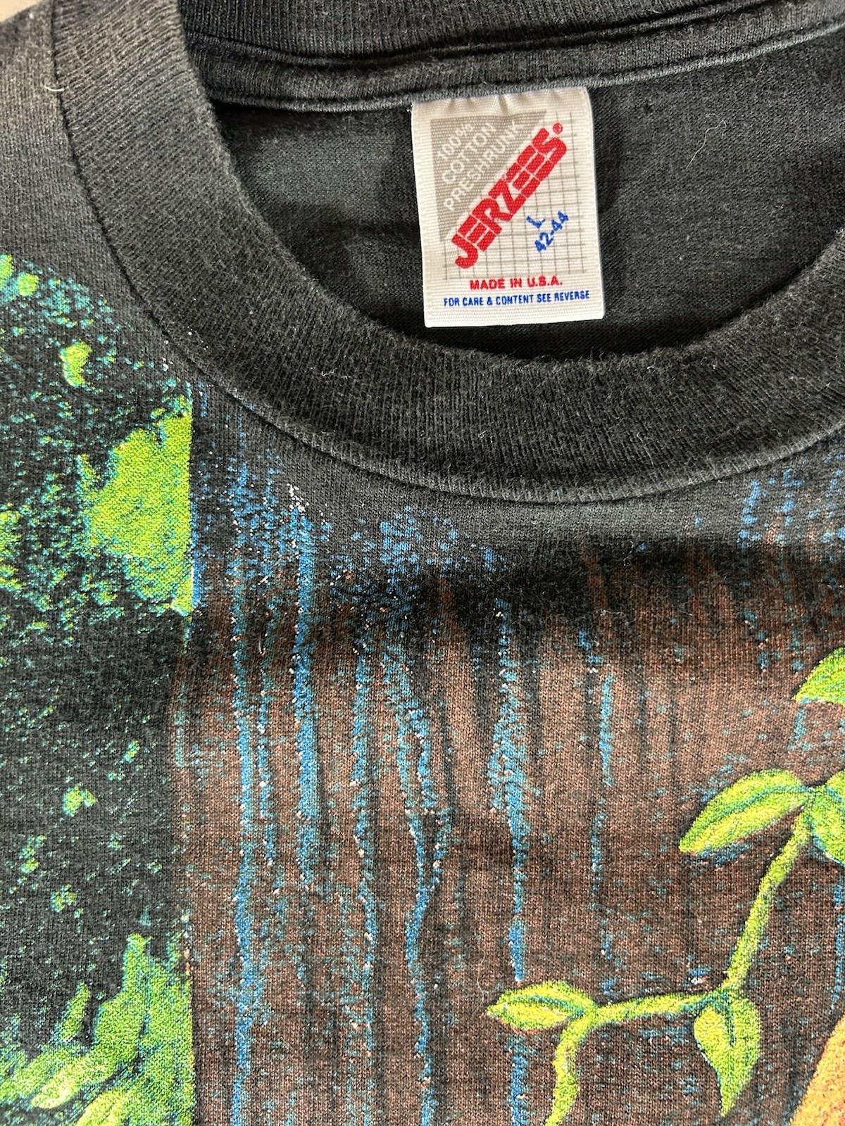 Vintage 90s Wild Oats Jerzees Jungle Parrots Rainforest AOP Tee Shirt SZ Large