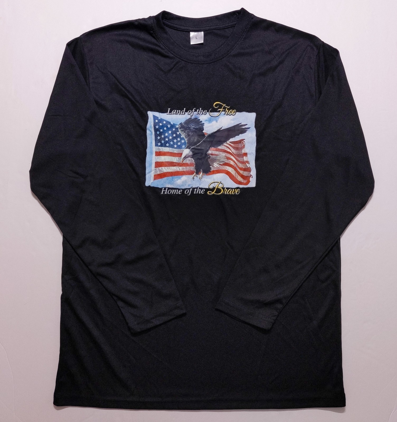 Land of the Free Home Brave Long Sleeve Performance Shirt USA Flag Black Large L