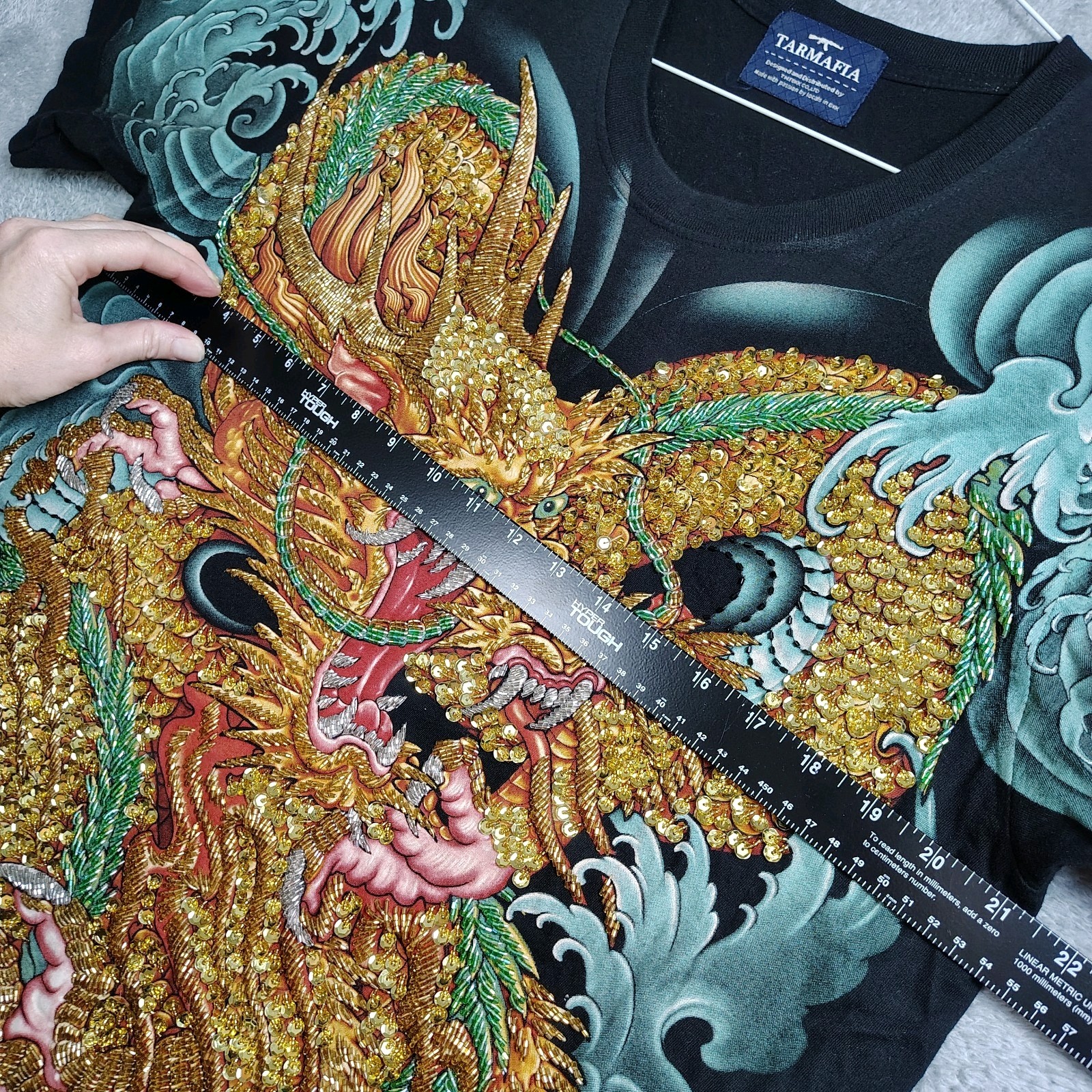 TARMAFIA Year of the Dragon Handmade Sequin & Beaded Mens L Shirt Power Fortune