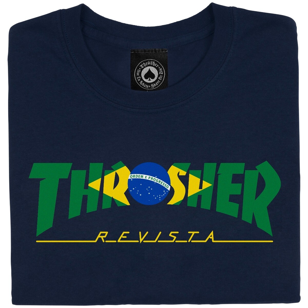 Thrasher Magazine BRAZIL REVISTA LOGO Skateboard T Shirt NAVY
