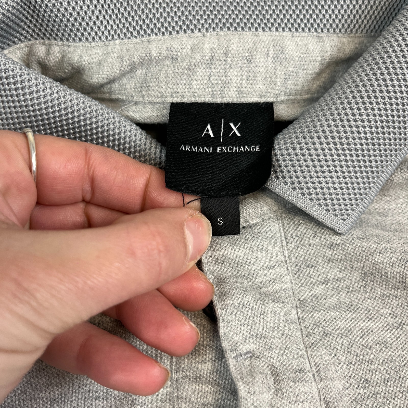 Armani Exchange Mens Long Sleeve Polo Shirt S Grey Marl AX Logo Contrast Cuff