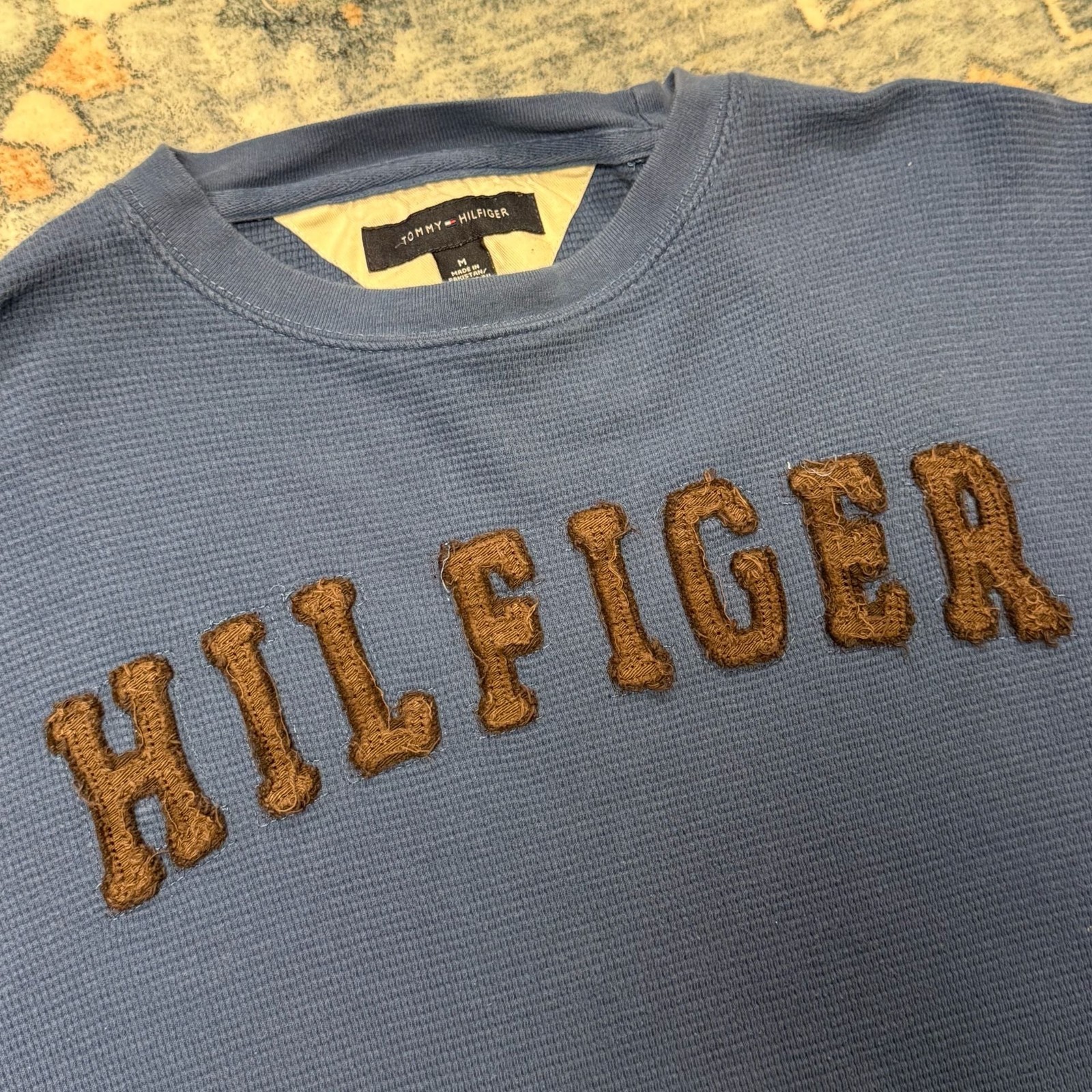 Tommy Hilfiger Vintage Style Blue Waffle Knit Long Sleeve Shirt with Brown Spell
