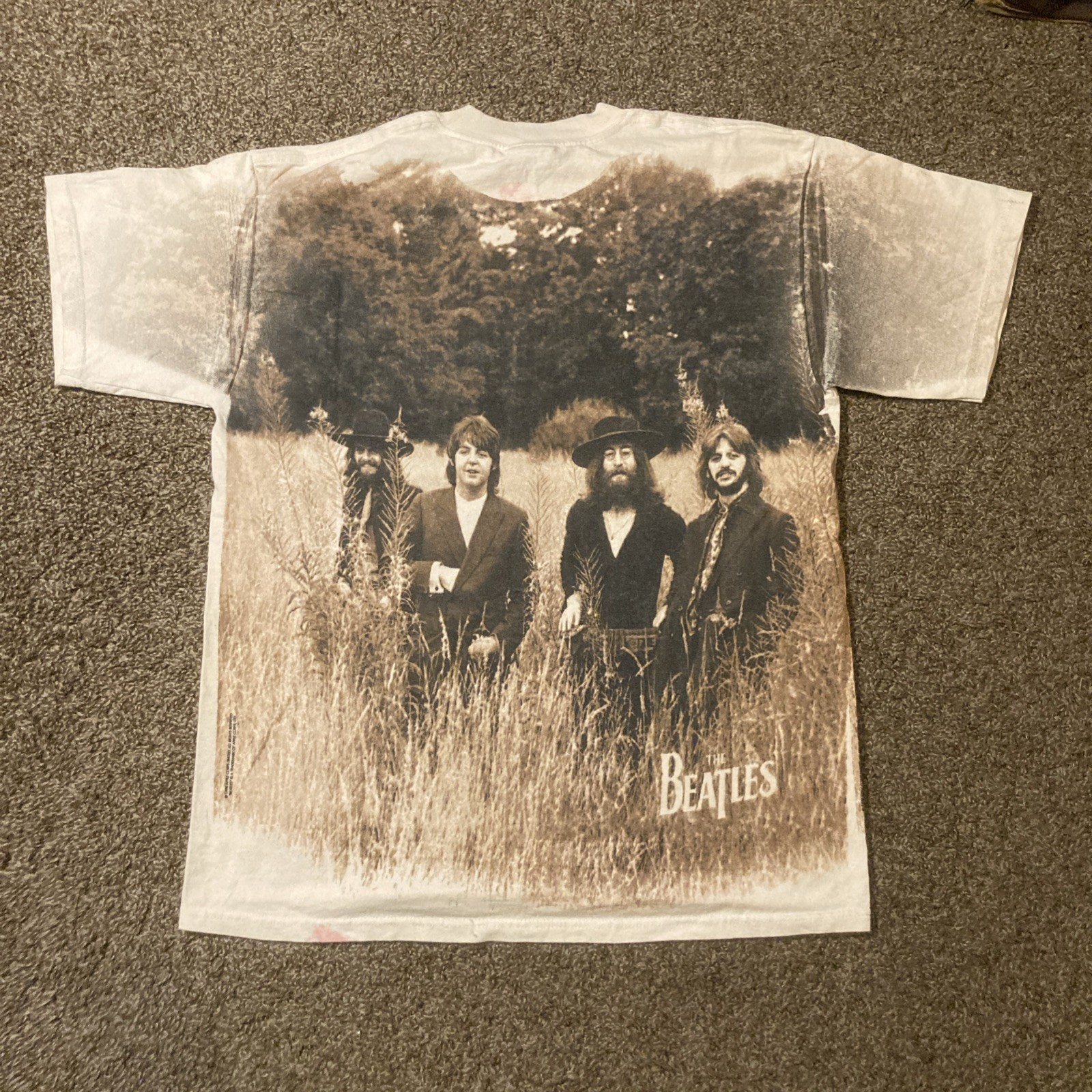 Vintage 90s Beatles AOP All Over Print T Shirt 1998 Sz L Last Photoshoot Apple