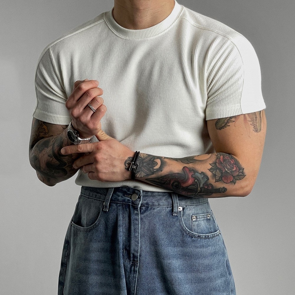 Men’s Athletic Ribbed T-Shirt Short Sleeve Small High Collar Training Wear