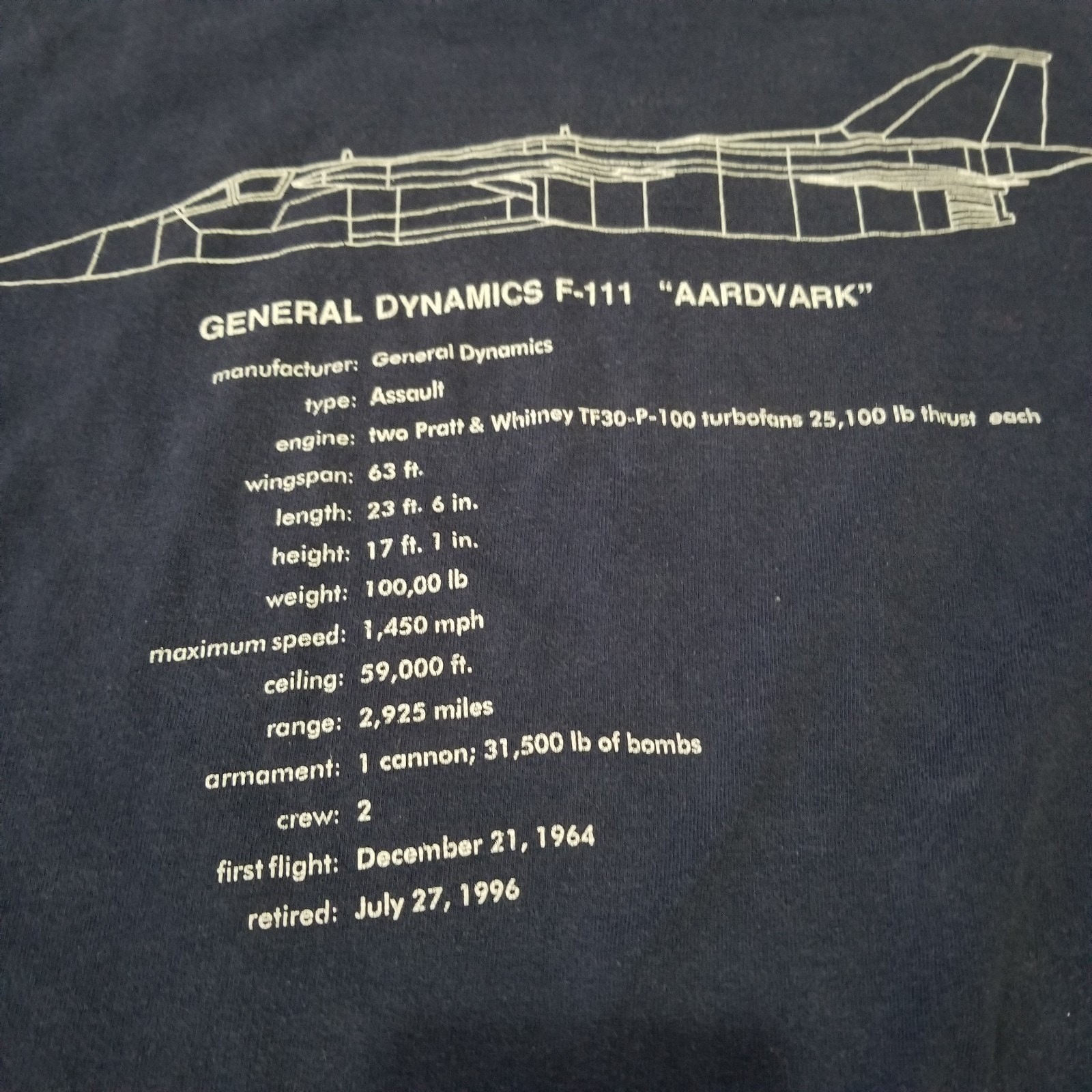 Vintage General Dynamics F-111 Aardvark Shirt Mens XXL Airplane USAF Military