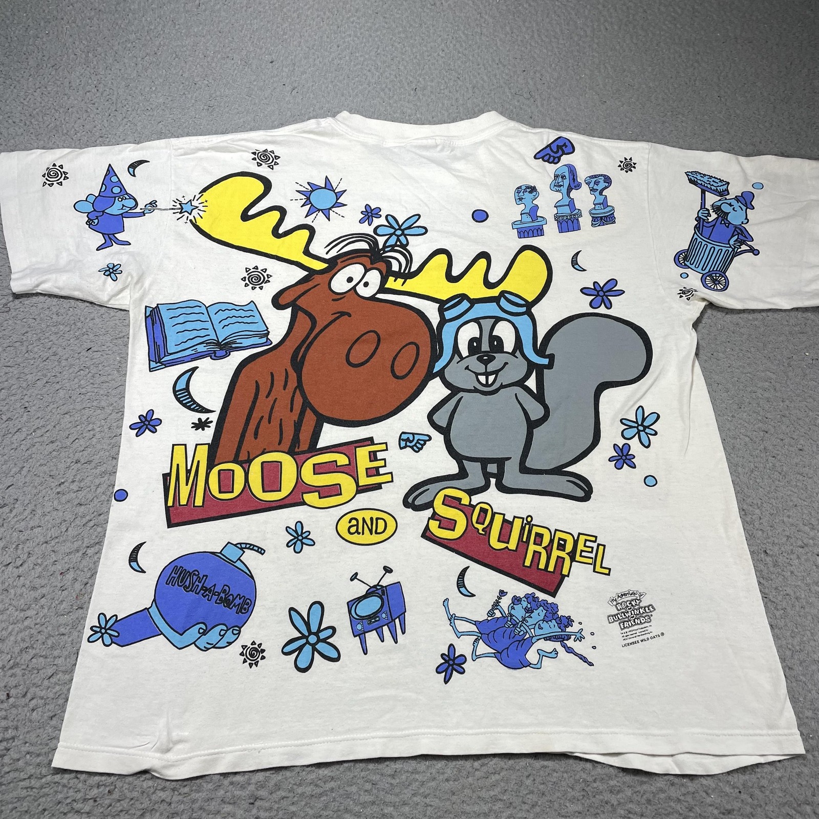 Vintage Wild Oats Rocky & Bullwinkle Shirt Mens XL White Moose Squirrel Tee 90s