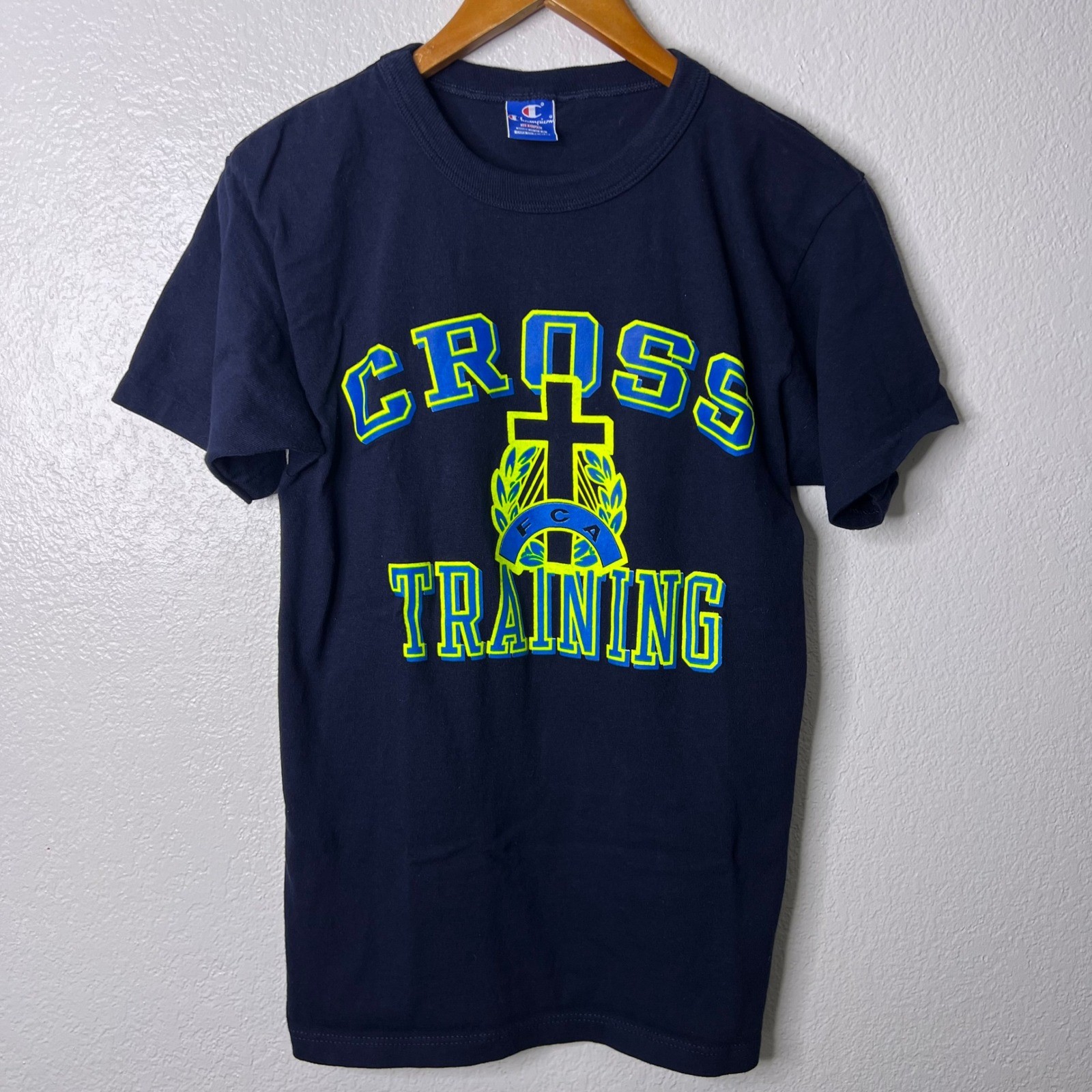 Vintage Champion FCA Cross Training Shirt Men Medium Blue USA Made Single Stitch
