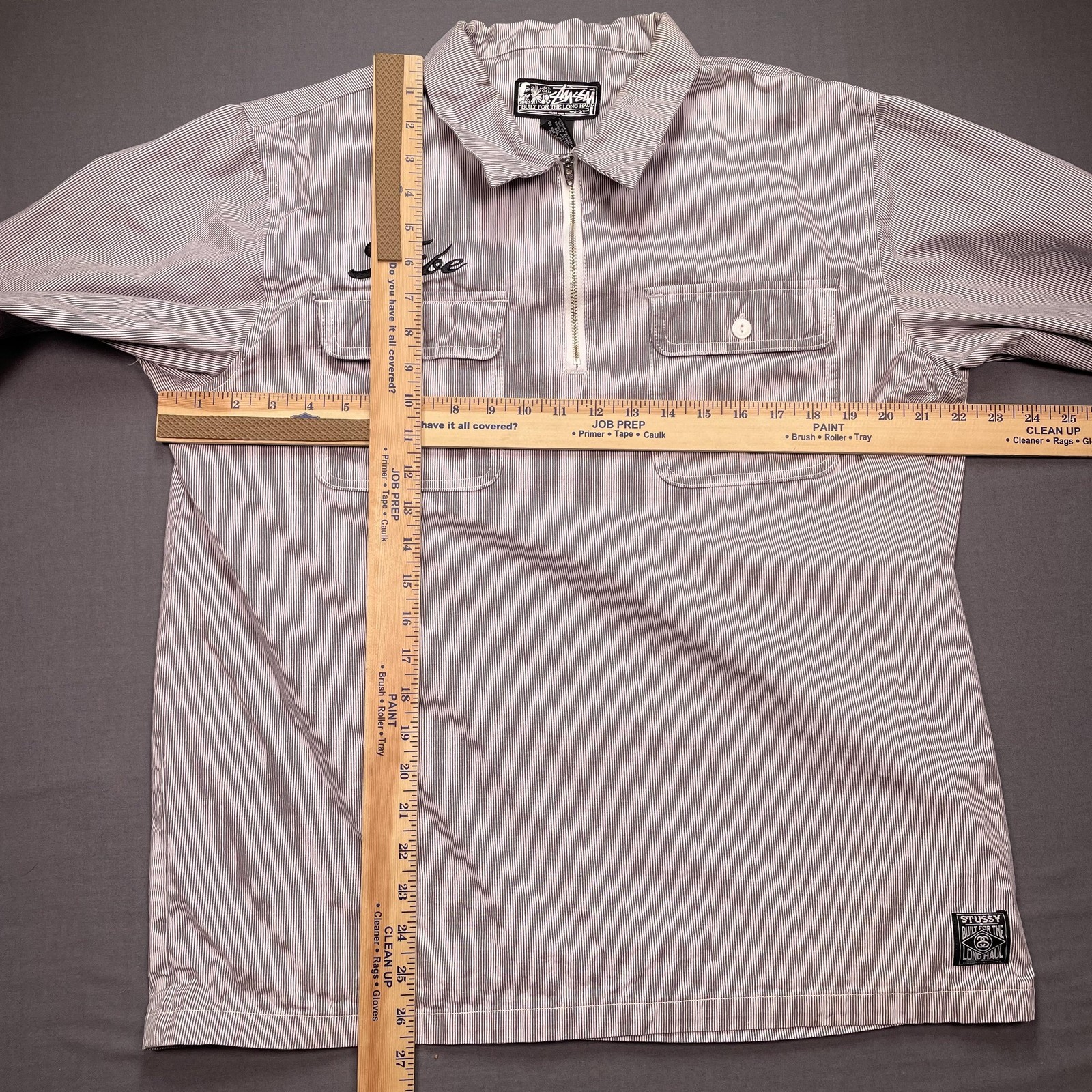 Stussy Shirt Mens Large Gray Striped Tribe Half Zip Long Sleeve Woven Pullover