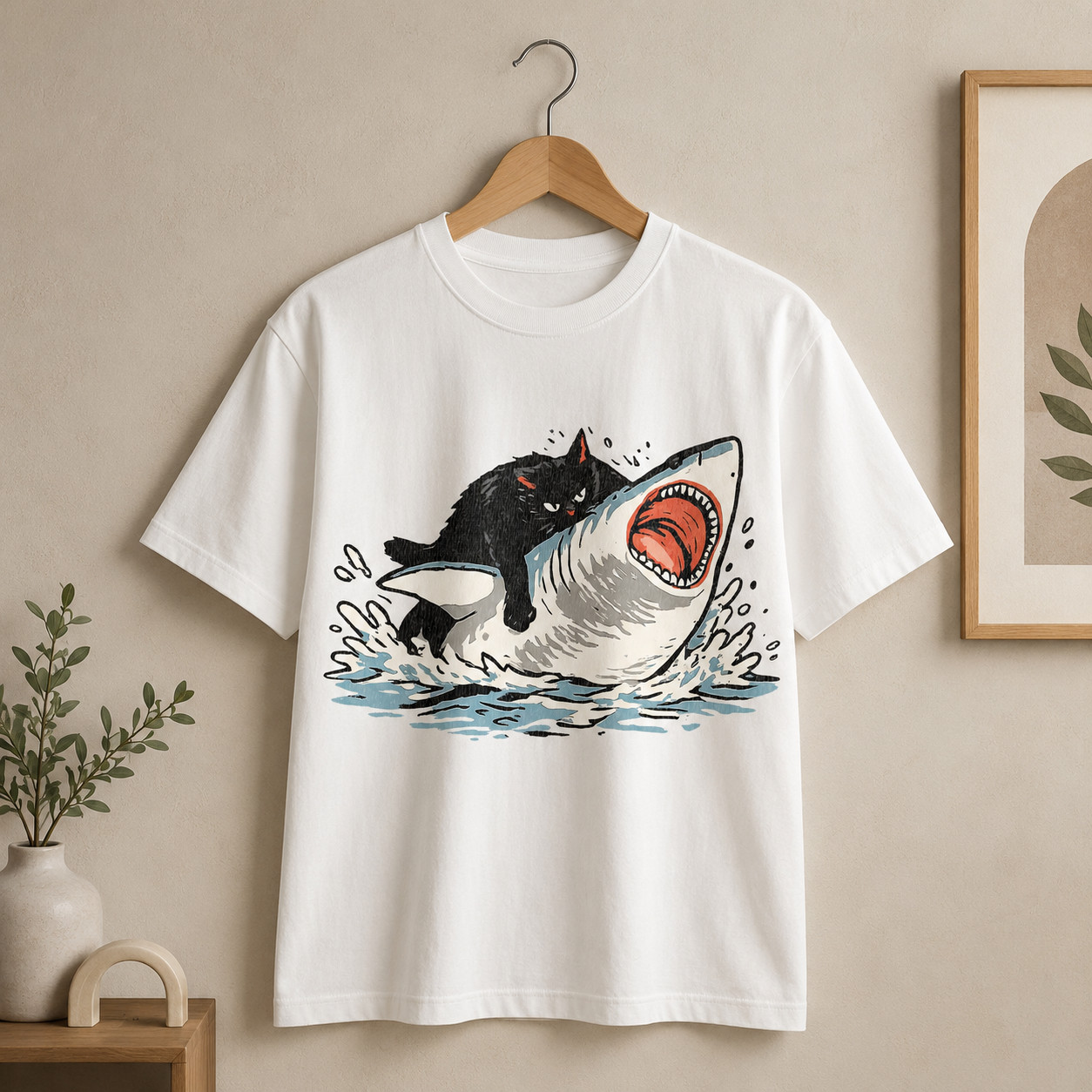 Black Cat Riding Shark Graphic T Shirt Vintage Distressed Unisex Cotton Tee