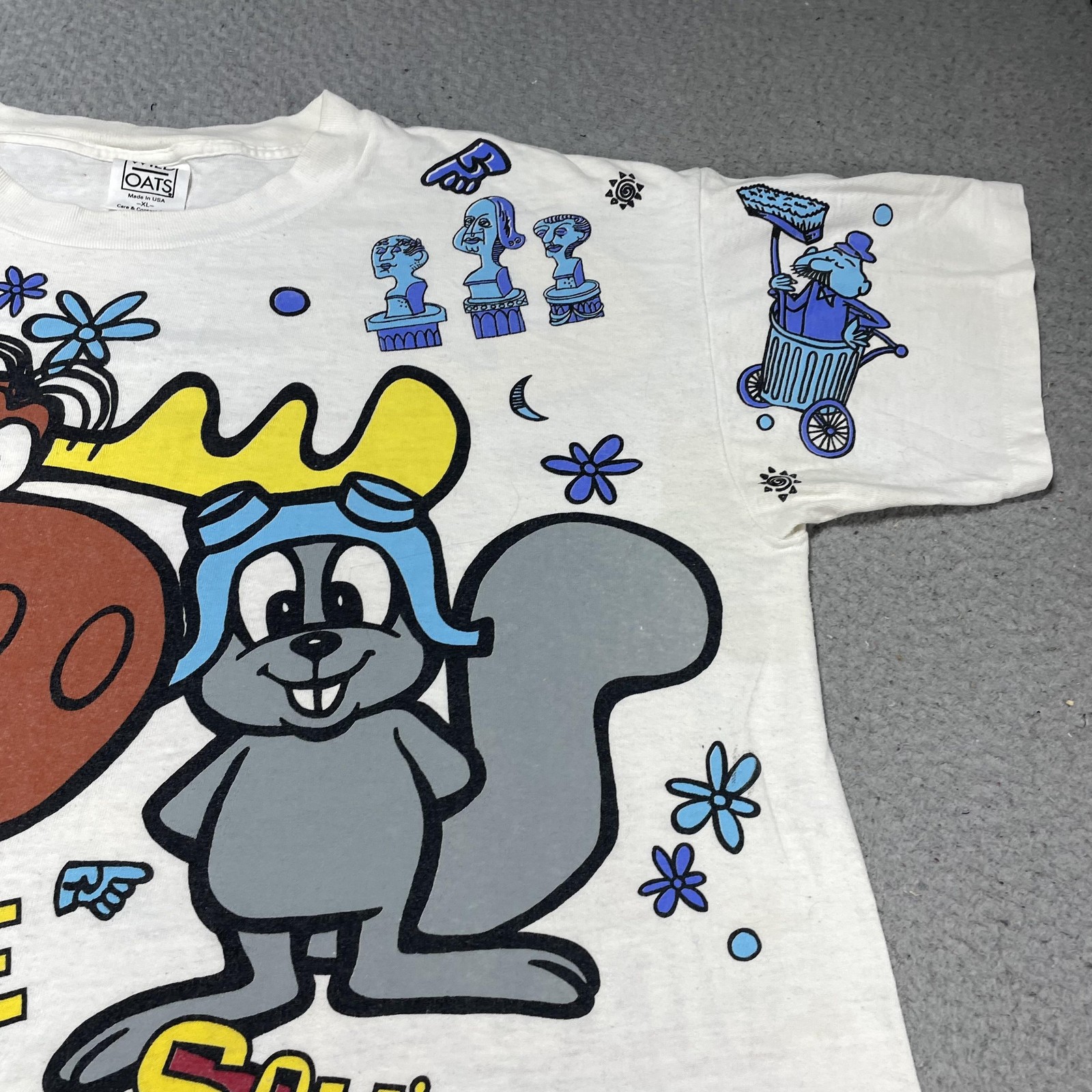 Vintage Wild Oats Rocky & Bullwinkle Shirt Mens XL White Moose Squirrel Tee 90s