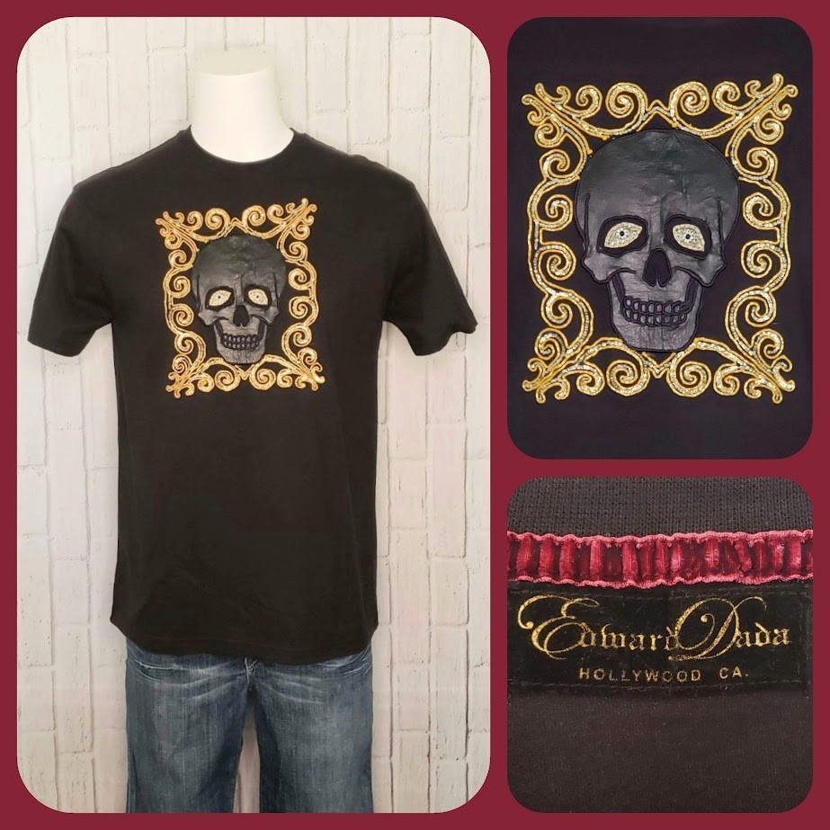 VTG 1990s 90s Y2K Edward Dada Black Leather Applique Skull Embellished Tee Shirt