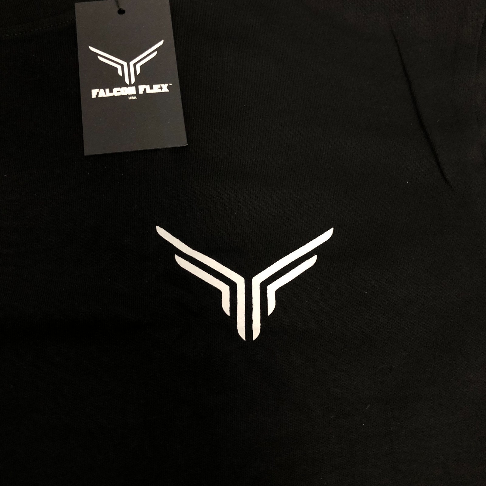 NWT Falcon Flex Men’s XL Black Short Sleeve T Shirt Large Logo On Back Cotton
