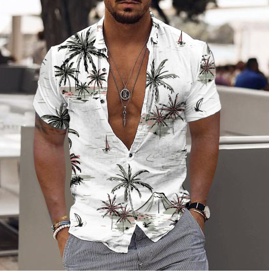 Hawaiian Shirt Mens Button Down Coconut Tree Print Beach Vacation Aloha Party