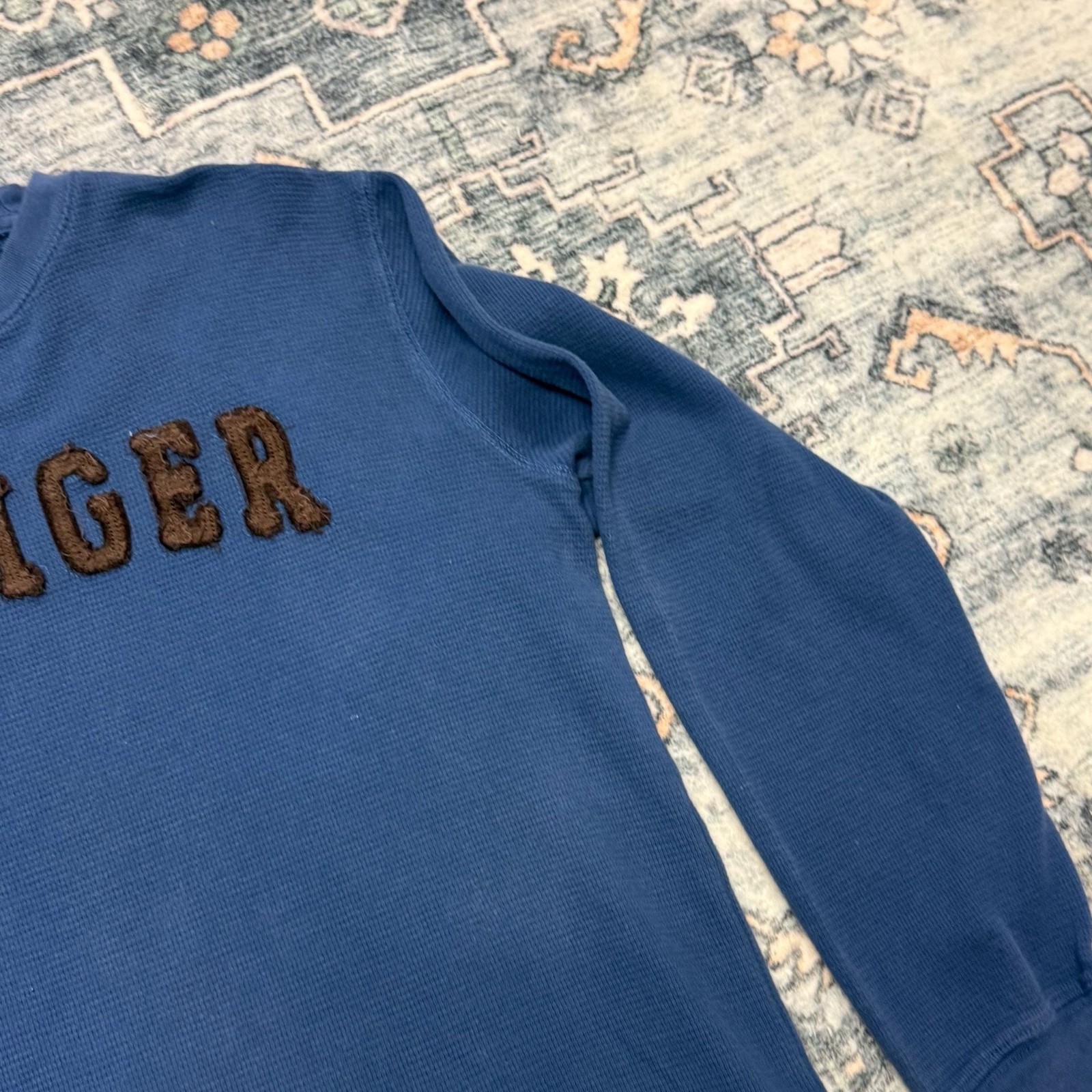 Tommy Hilfiger Vintage Style Blue Waffle Knit Long Sleeve Shirt with Brown Spell