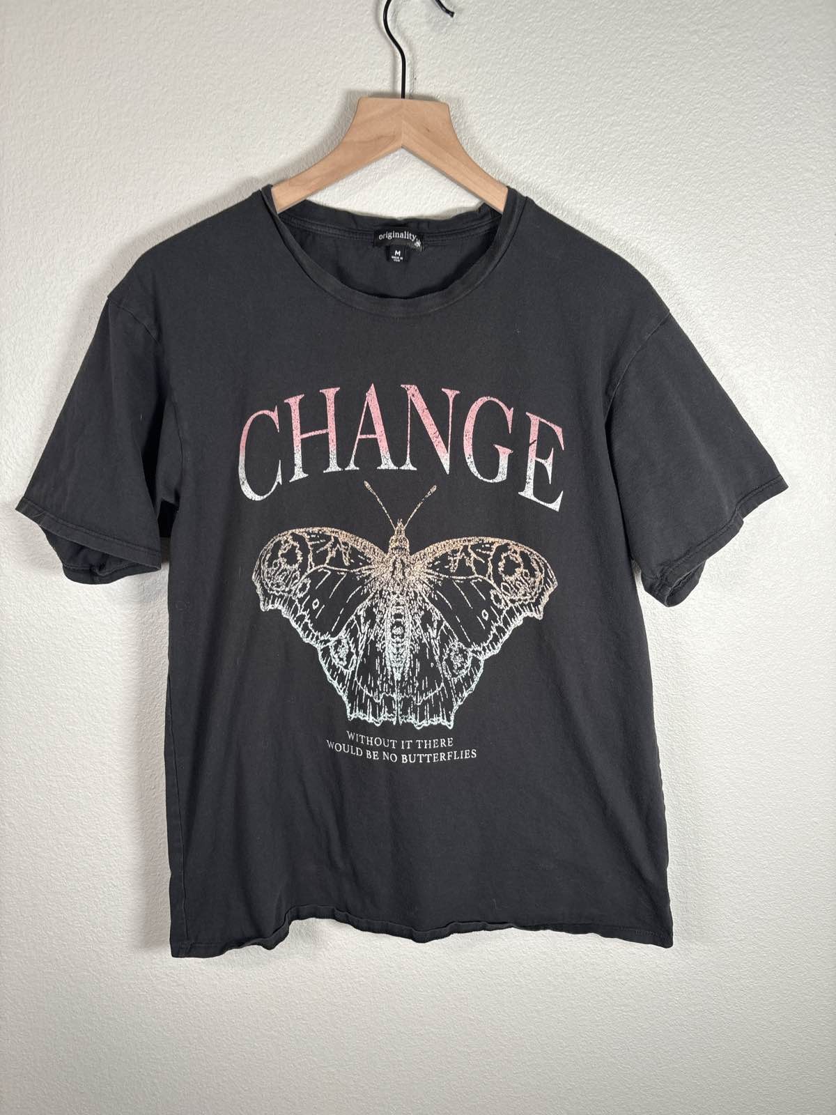Originality Black Graphic T-Shirt M Butterfly Change Tee Womens