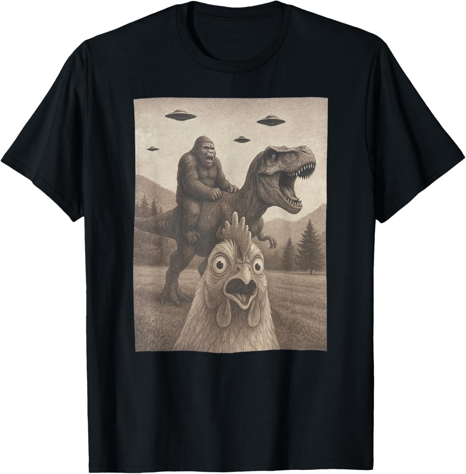 Funny Chicken, Chicken Selfie Bigfoot Riding T rex Fu Unisex T-Shirt