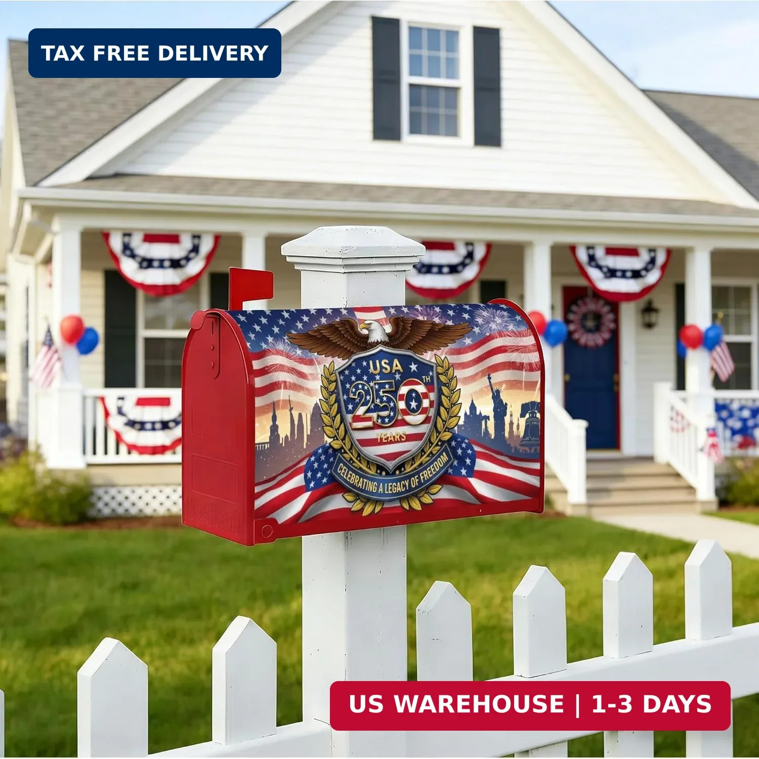 USA 250th Years Anniversary Magnetic Mailbox Cover, Patriotic American Flag Bald