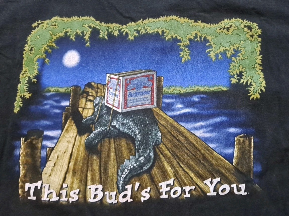 Vtg 90s Budweiser Shirt Mens XL Wild Oats Black Frogs Alligator Single Stitch