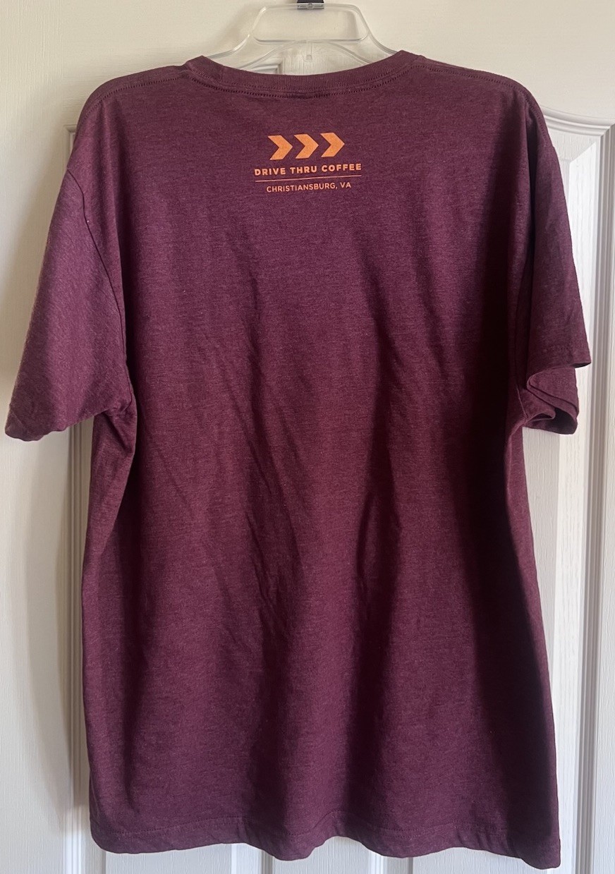 7 Brew Coffee XL Rise & Grind Maroon Orange T-Shirt RARE State Va Hokies TECH VT