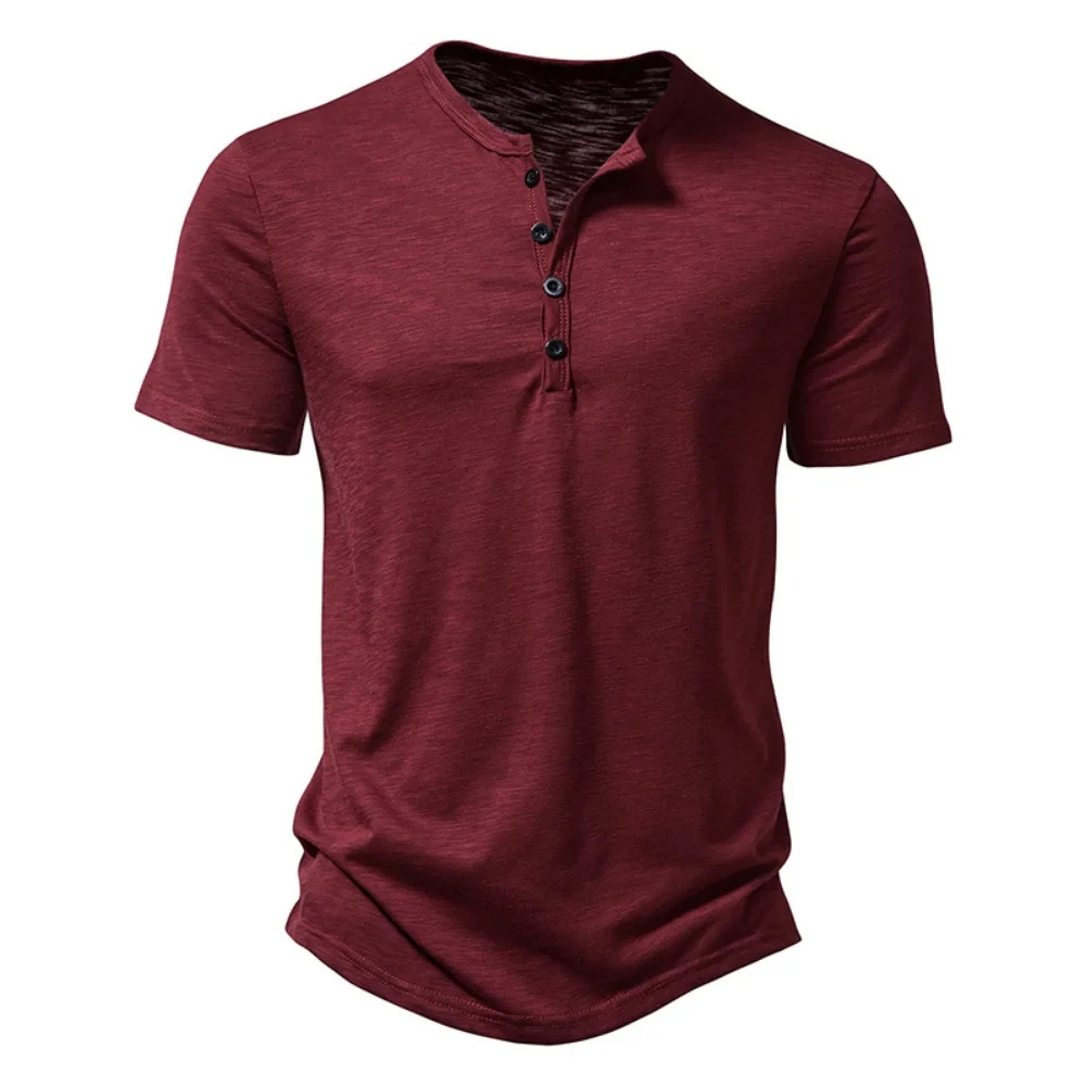 Henley Collar Summer Men Casual Solid Color Short Sleeve T Shirt for Men