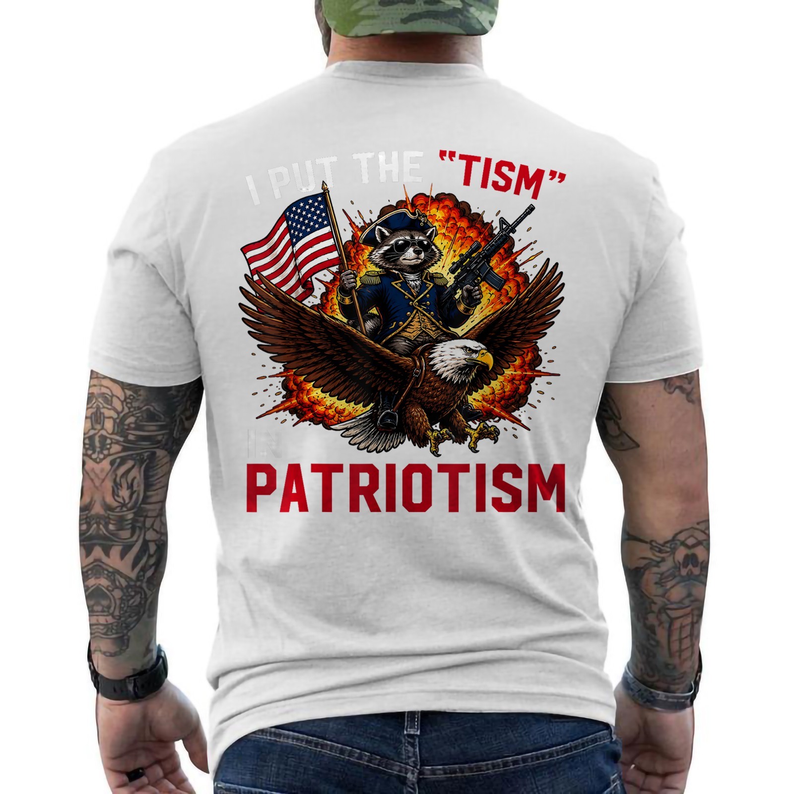 I Put The Tism in Patriotism Retro Eagle Raccoon USA Flag T-Shirt