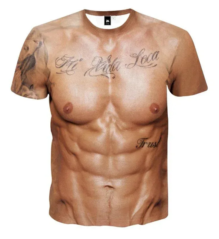 Men’s 3D Muscle Tattoo Print Short Sleeve T-Shirt