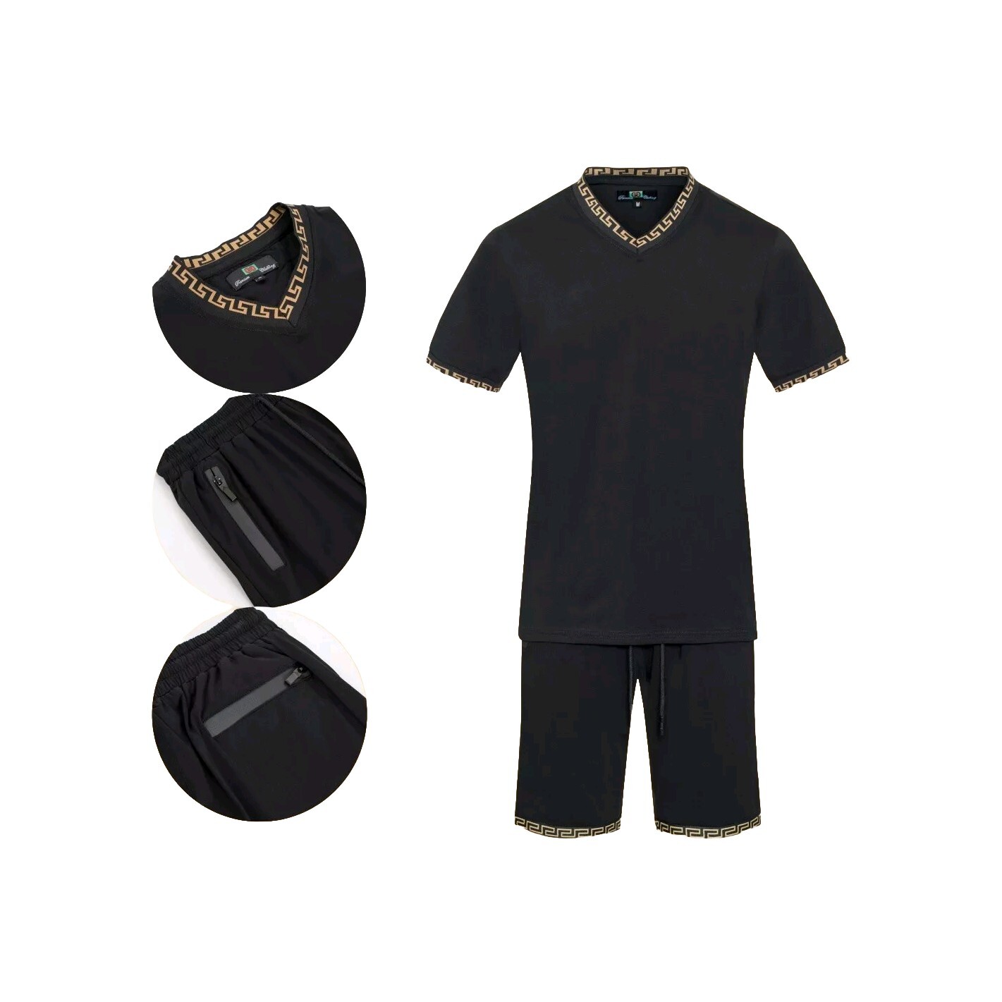 Men’s Italian fashion Black Short Sleeves T-shirt/short Set Greek Key V neck