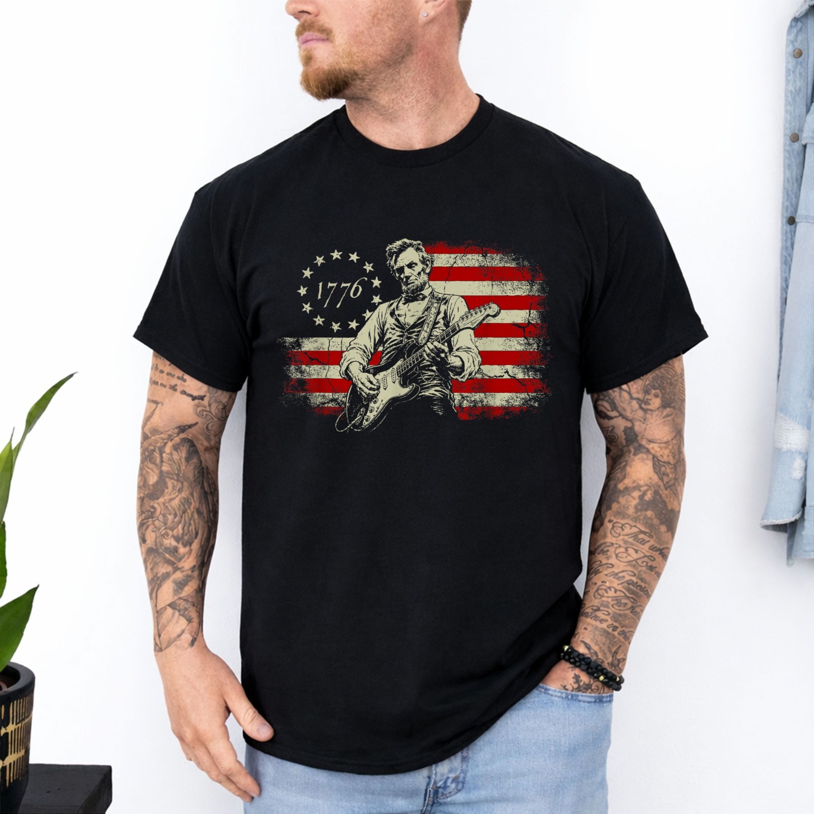 Abraham Lincoln Playing Electric Guitar Rocker American Flag T-Shirt