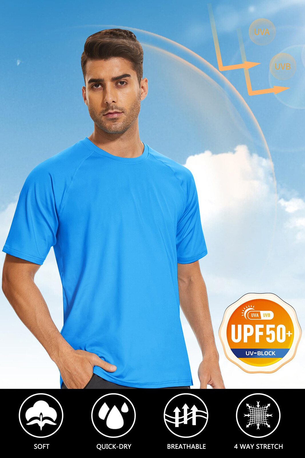 UPF 50+ Mens Performance Sun Shirts Short Sleeve Quick Dry Summer Gym Sport Tops