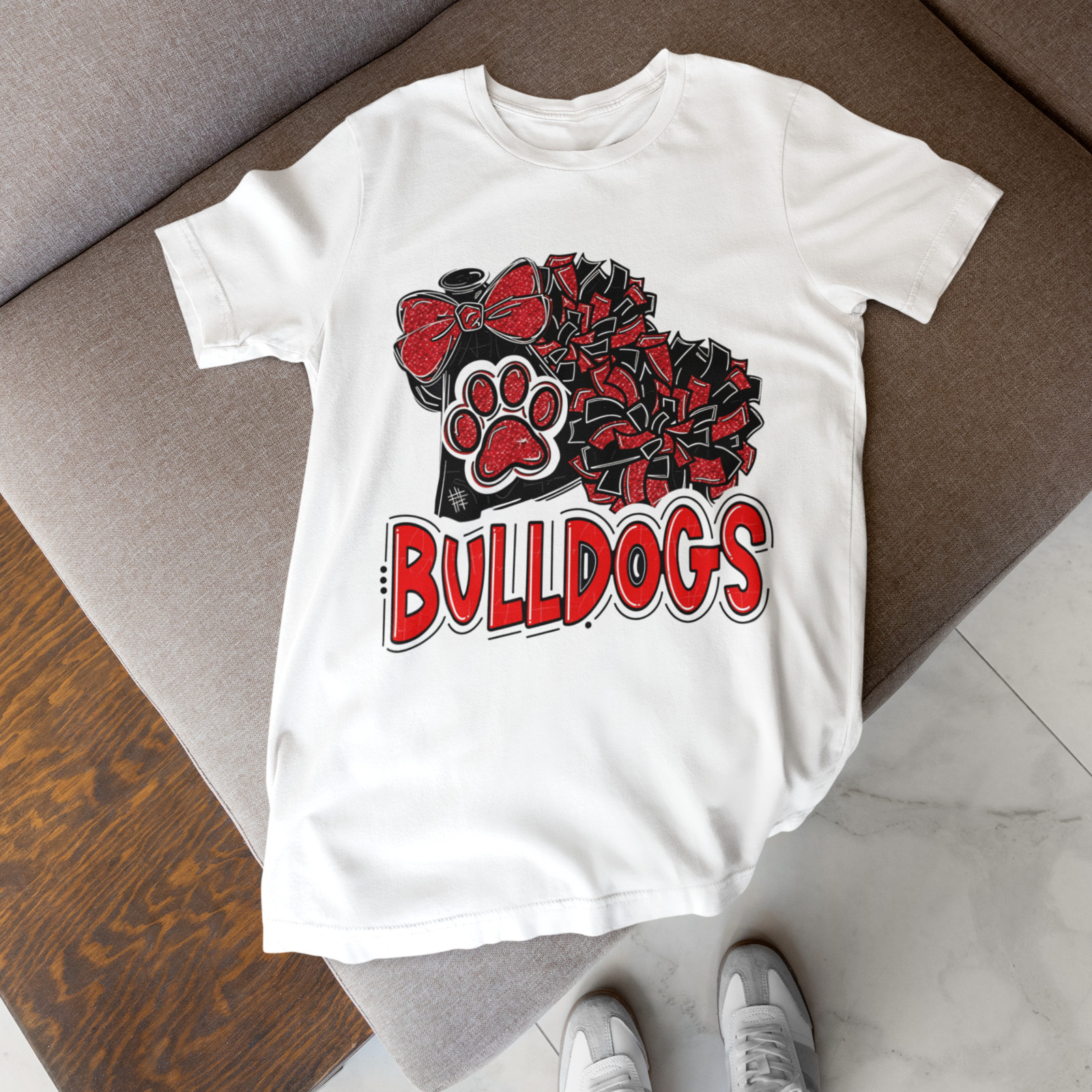 Bulldogs Cheer Shirt Paw Bow Pom Pom School Spirit Mascot Fan Tee