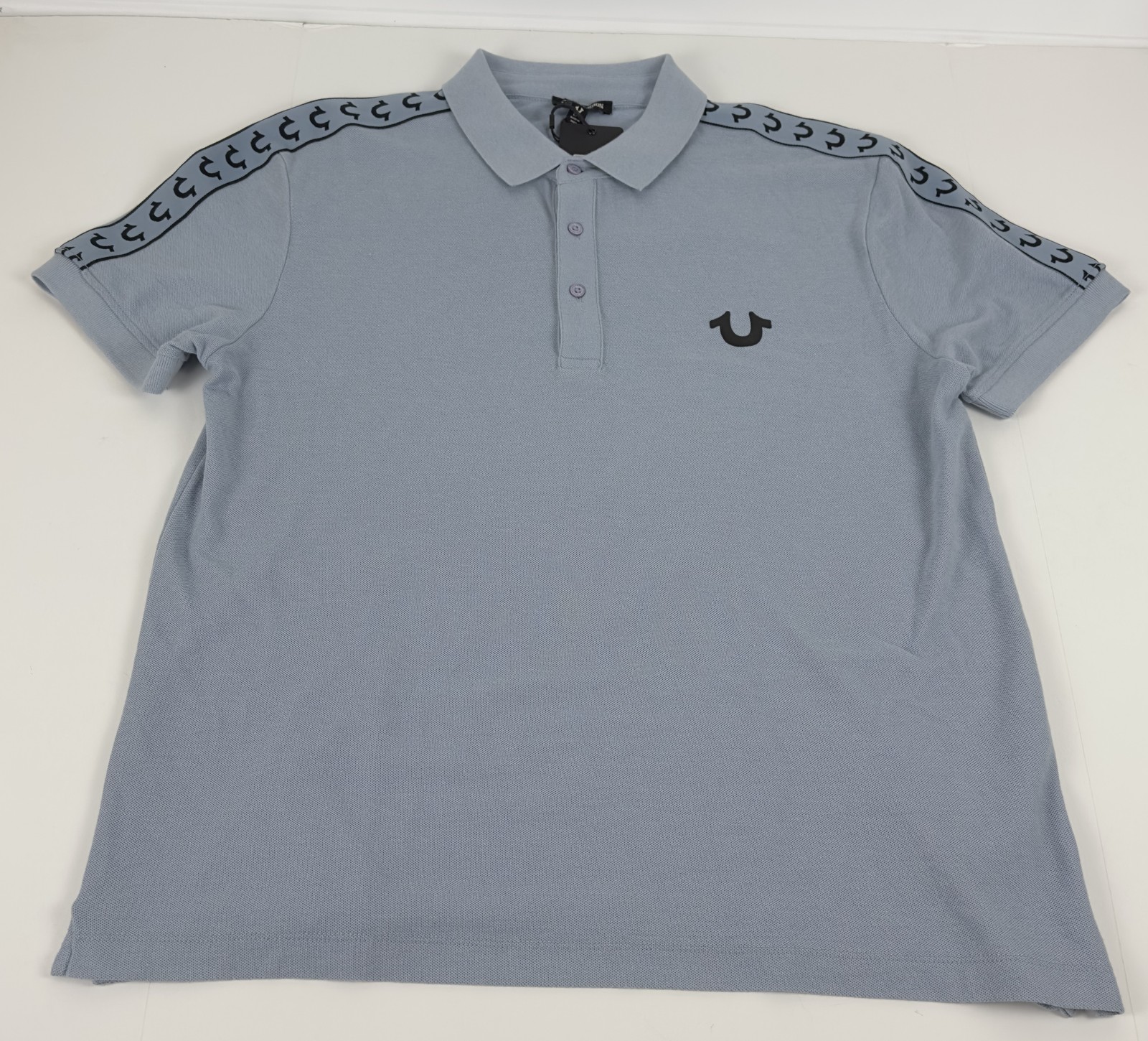 True Religion Polo Shirt Mens Small Sky Blue Logo Damask Cotton Blend Short Slve