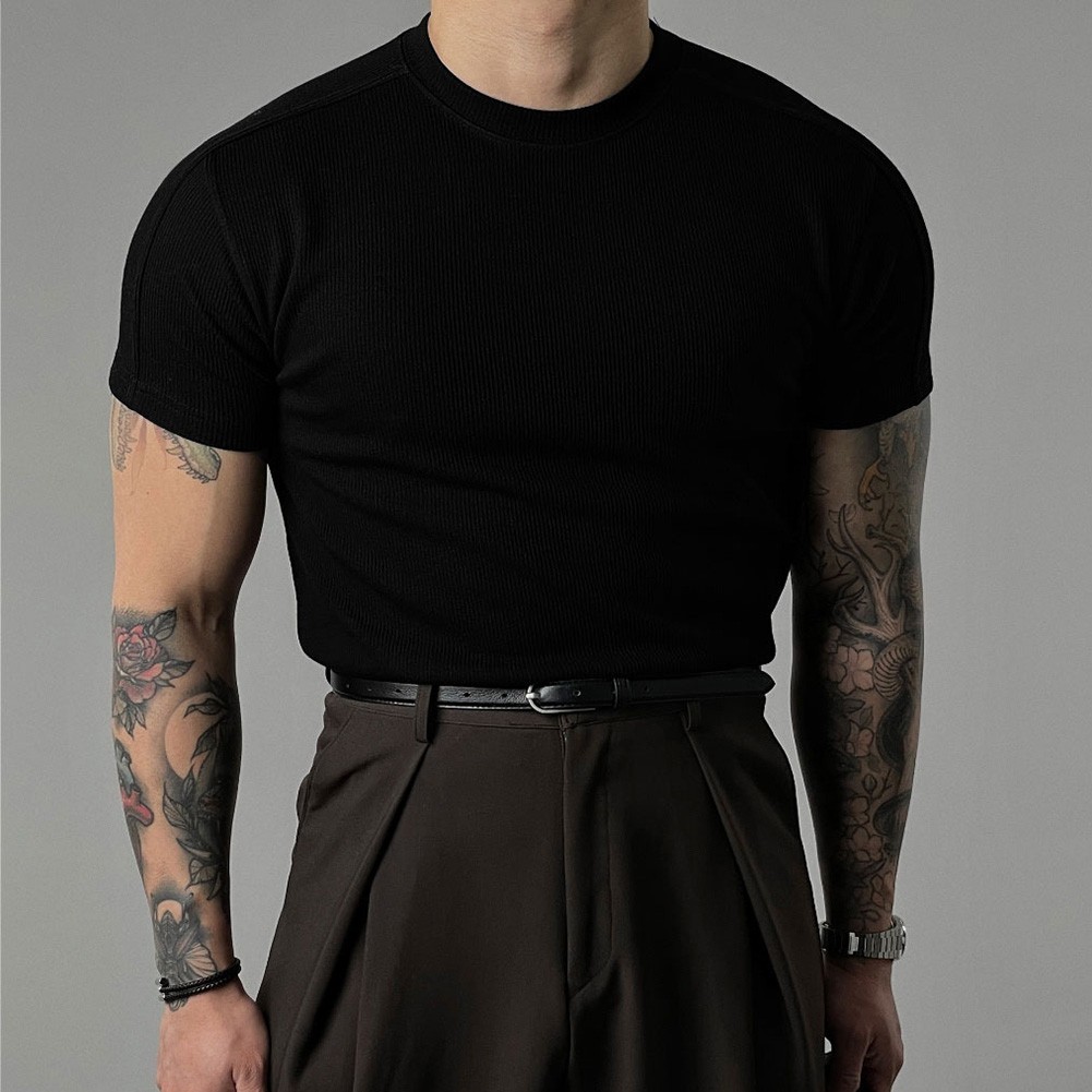 Men’s Athletic Ribbed T-Shirt Short Sleeve Small High Collar Training Wear