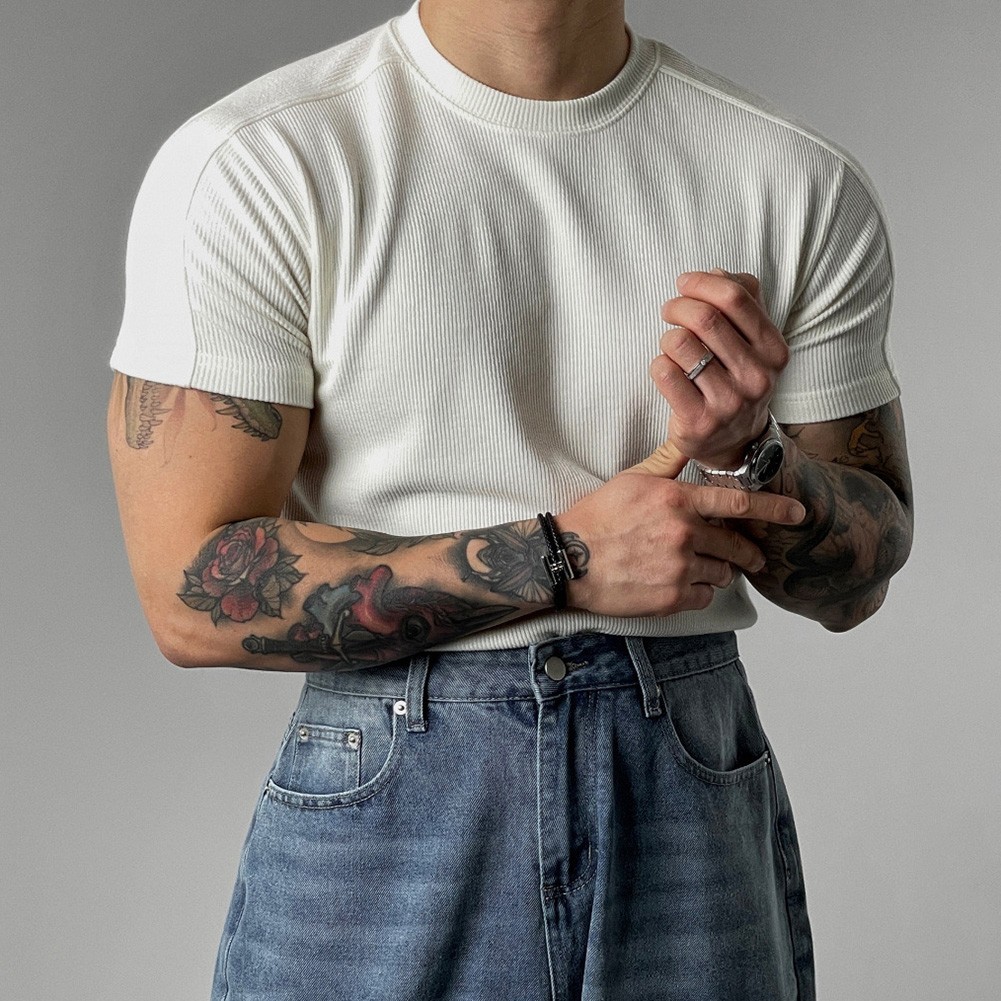 Men’s Athletic Ribbed T-Shirt Short Sleeve Small High Collar Training Wear