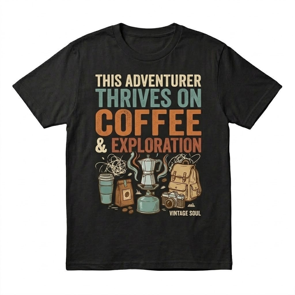 This Adventurer Thrives On Coffee Exploration T-Shirt Vintage Soul Camping Tee