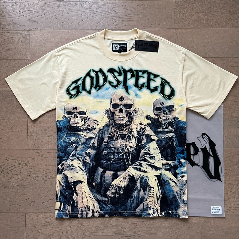 25/SS Godspeed Hip hop skeleton soldier print pattern Tee Washed Mens T-shirt