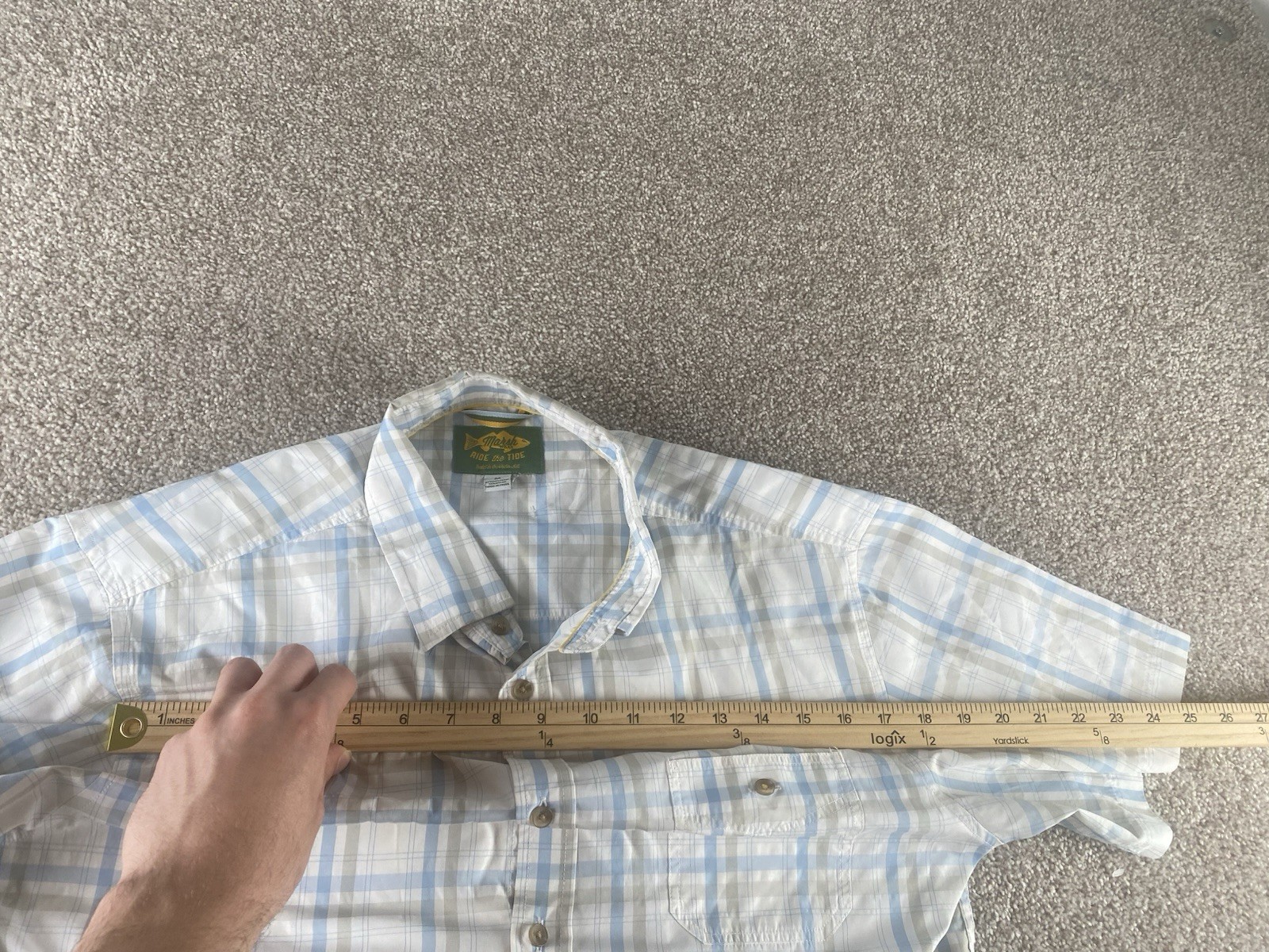Marsh Wear Pocket Shirt Ride the Tide Fish Southern Mens M Blue/Beige Nylon/Poly