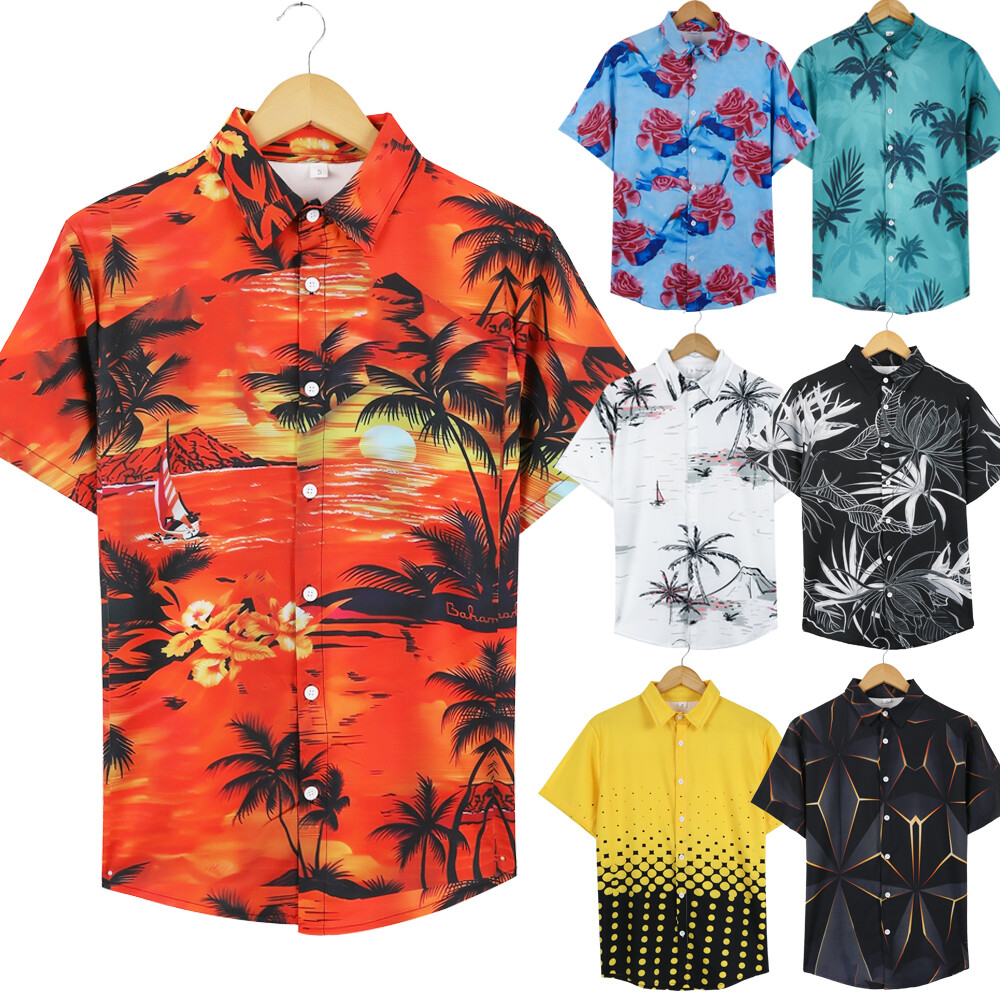 Hawaiian Shirt Mens Button Down Coconut Tree Print Beach Vacation Aloha Party