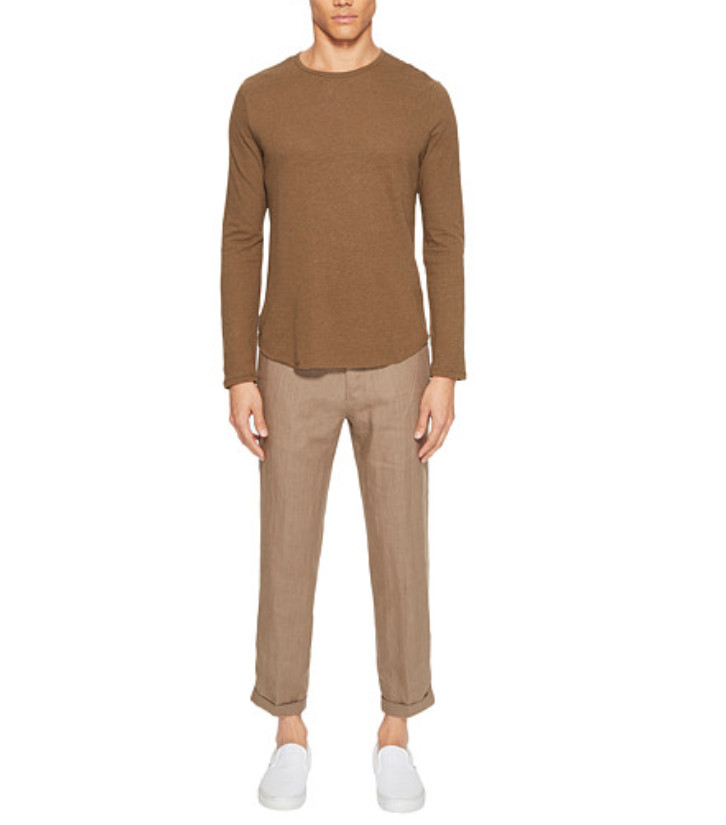 $115 VINCE TOBACCO LONG SLEEVE LINEN BLEND RAW EDGE HEM CREWNECK T-SHIRT Sz S