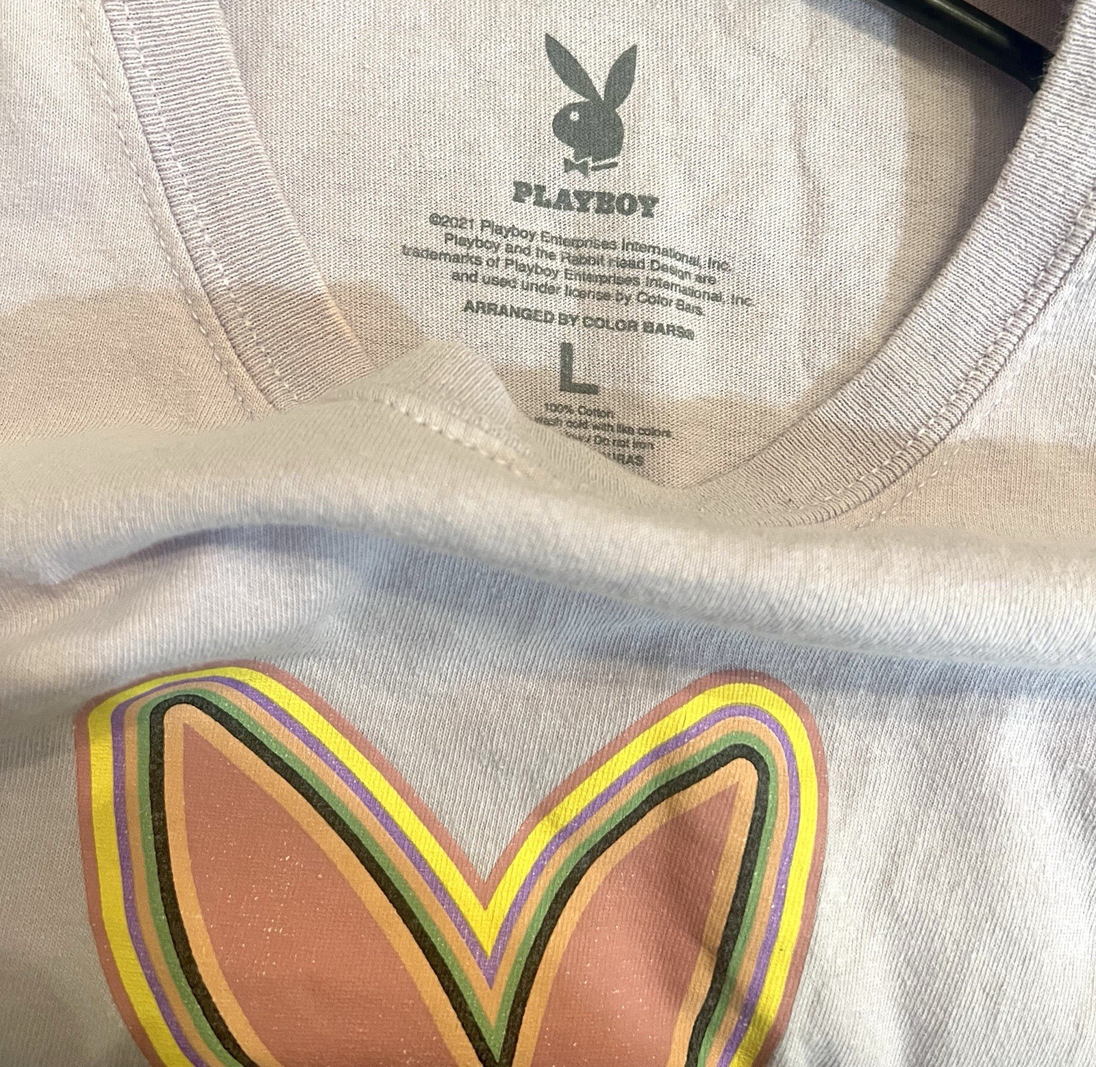 Men’s Playboy Color Bars Tokyo Japan Rabbit Purple Graphic Shirt Size Large