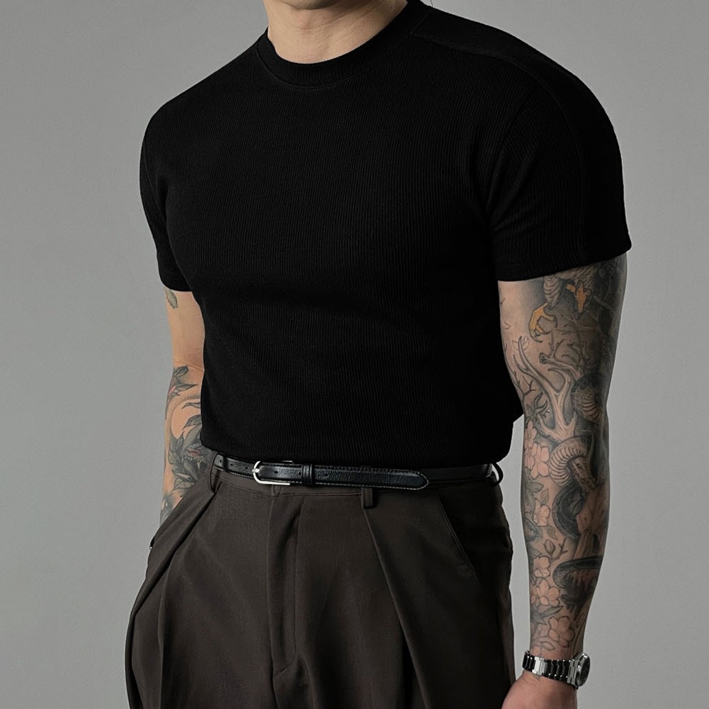 Men’s Athletic Ribbed T-Shirt Short Sleeve Small High Collar Training Wear