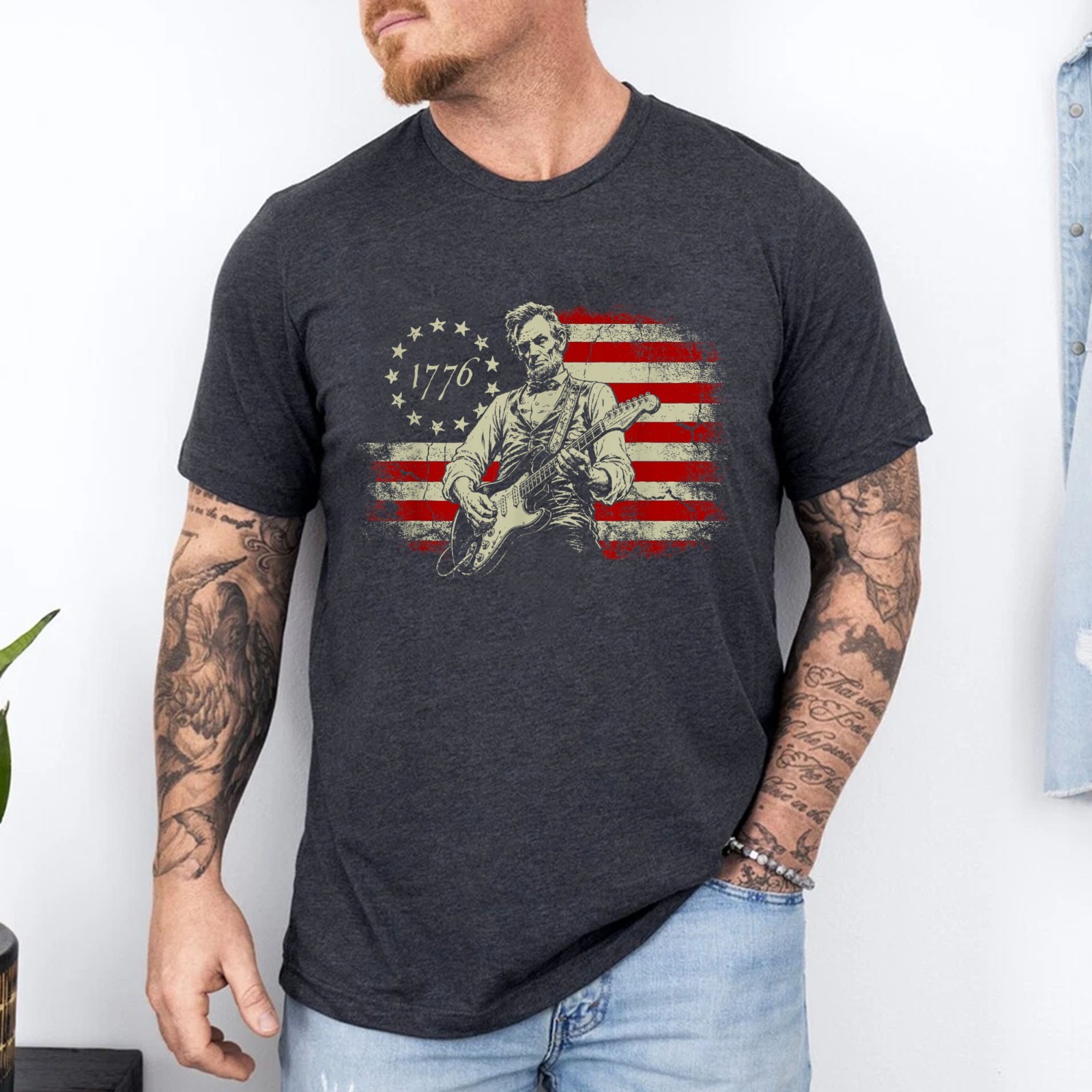 Abraham Lincoln Playing Electric Guitar Rocker American Flag T-Shirt
