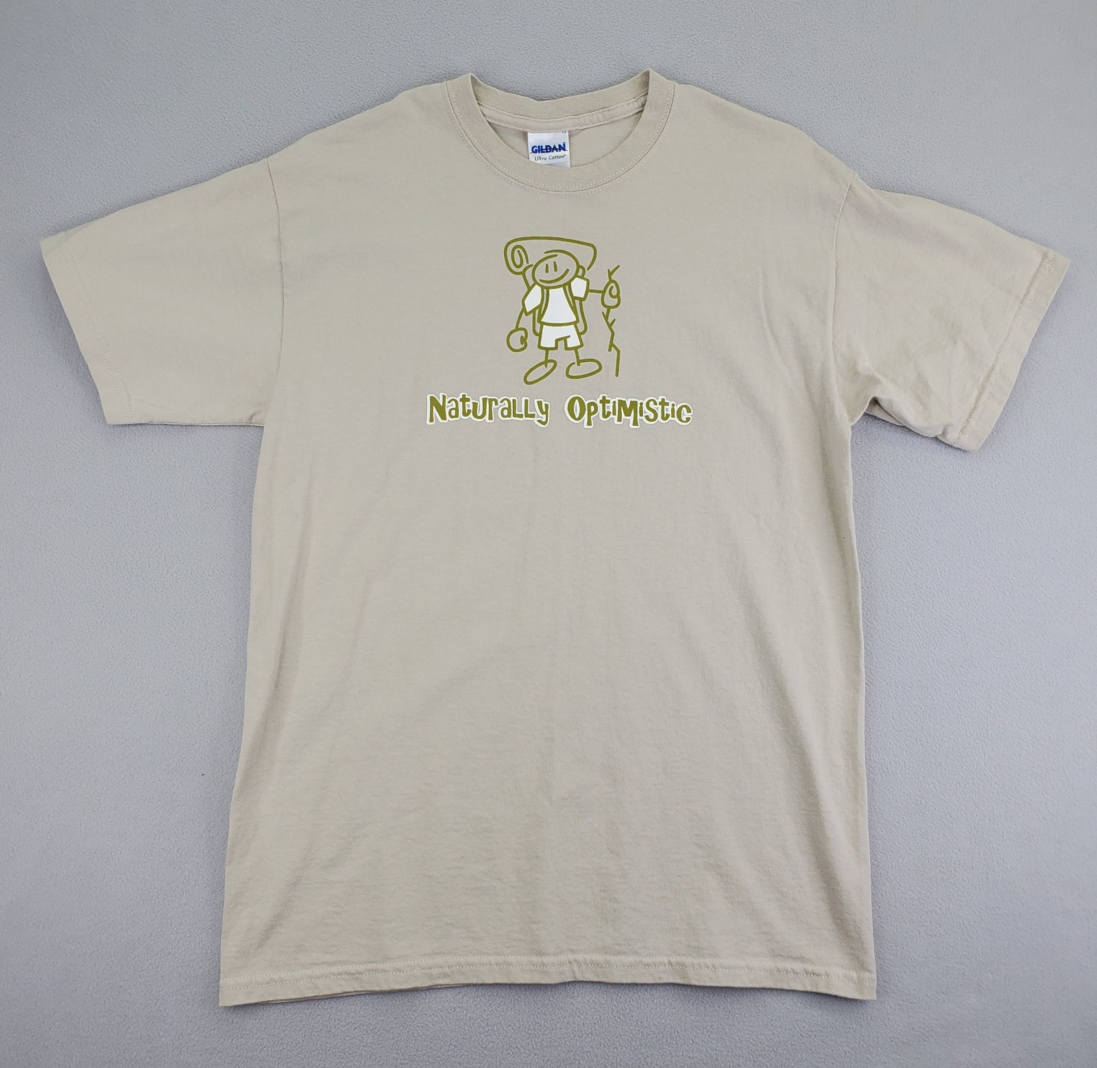 Naturally Optimistic Shirt Mens M Tan Hiking Camping Graphic Gildan Ultra EUC