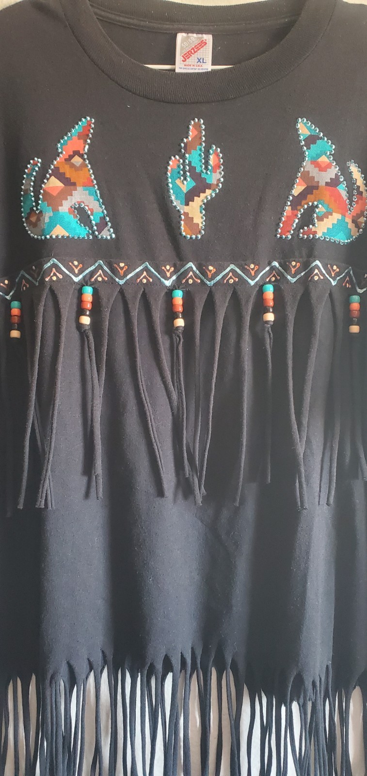 JERZEES Southwestern Cactus Graphic T-Shirt Black Fringe Beaded Unisex XL