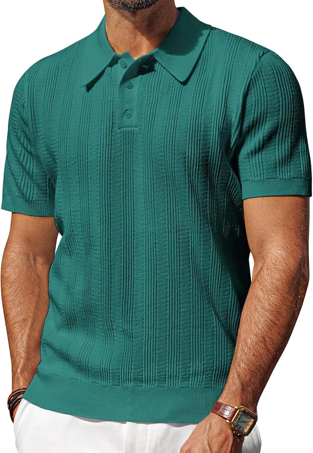 Men’s Short Sleeve Polo Shirt Casual Golf Wear Lightweight Waffle Knit Fabric