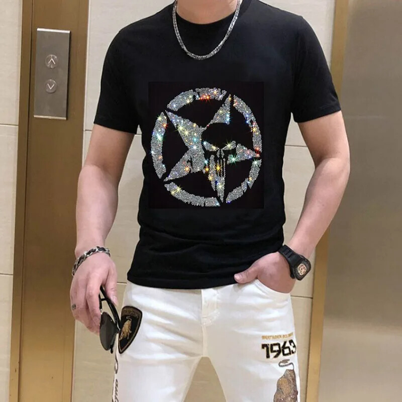New Men Luxury Diamond Star Rhinestones Fashion Skull Black T-Shirt High Quality
