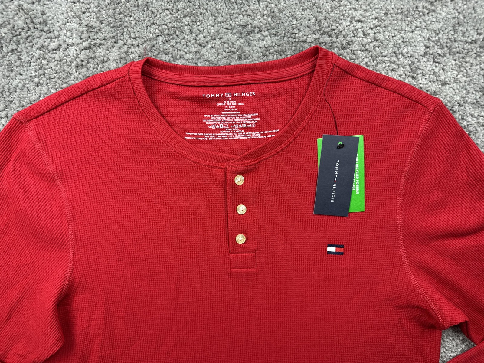 Tommy Hilfiger Shirt Mens M Red Henley Long Sleeve Tagless Cotton/Poly