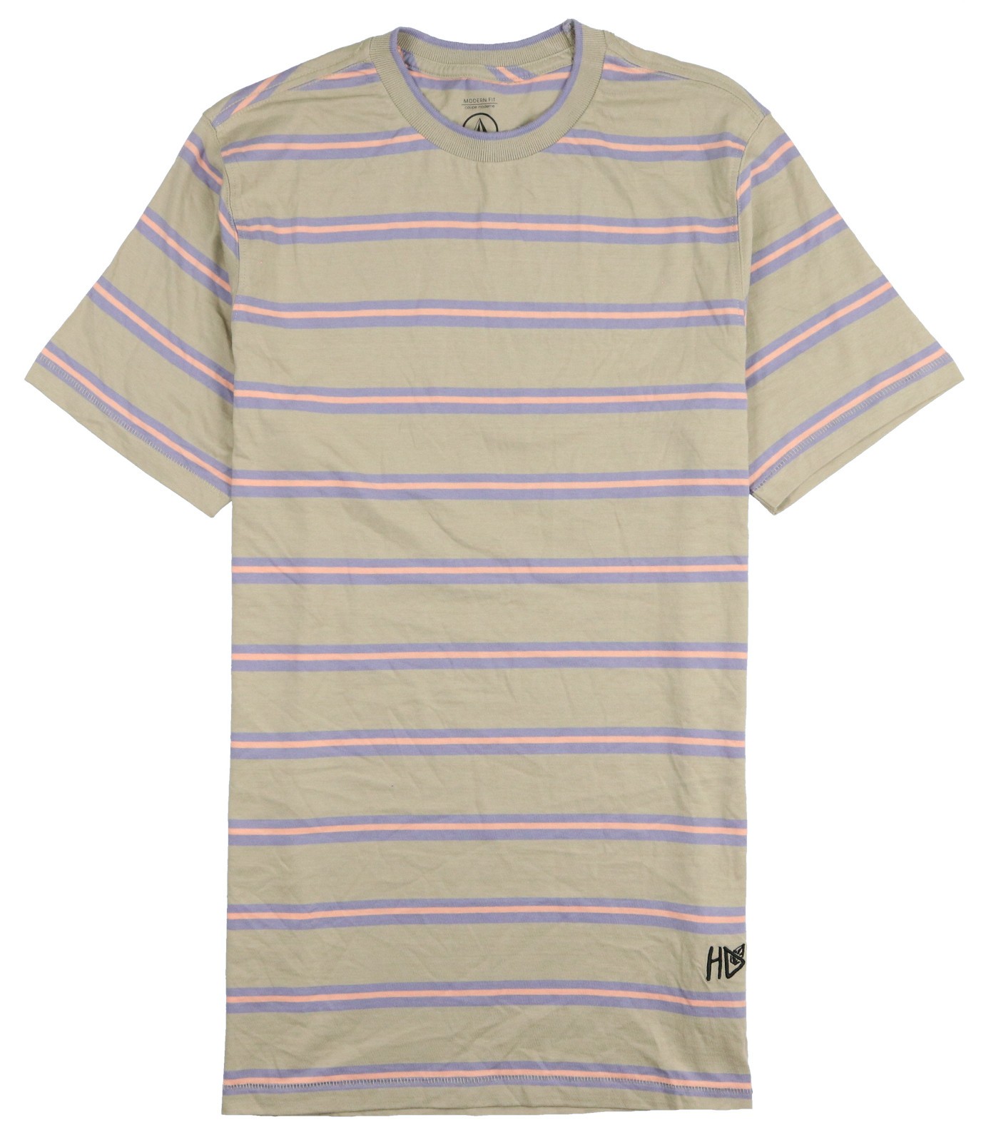 VOLCOM Entertainment Hockey Dad Crew T-Shirt XL X-Large Tan Modern Fit Striped