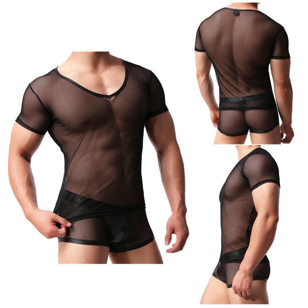 Mens Mesh T-shirt Gym Training Tank Top Fish Net Sheer Sexy Boxers Shorts M L XL