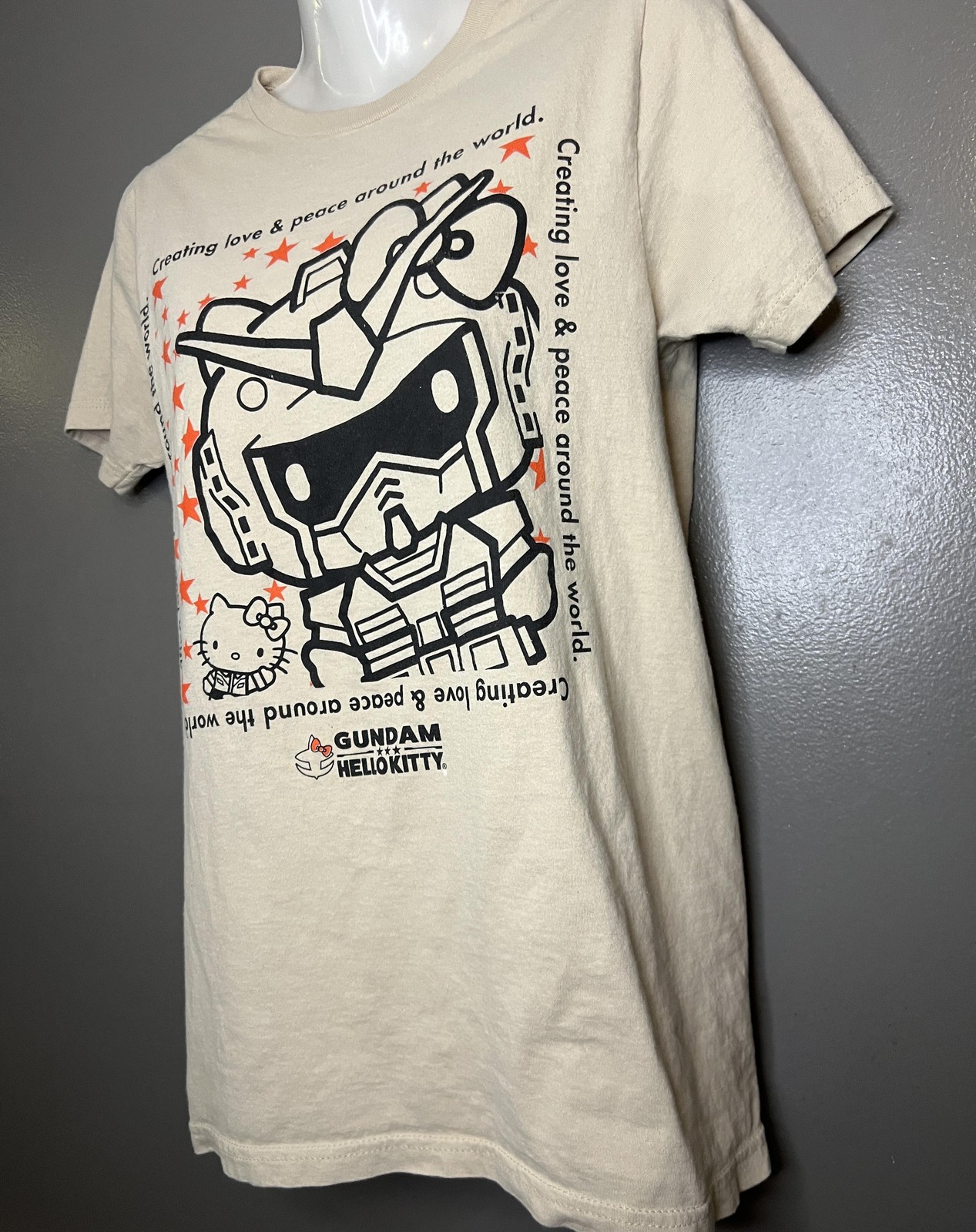 Gundam Hello Kitty Shirt Mens Small Beige Anime Graphic Tee Sanrio Robot