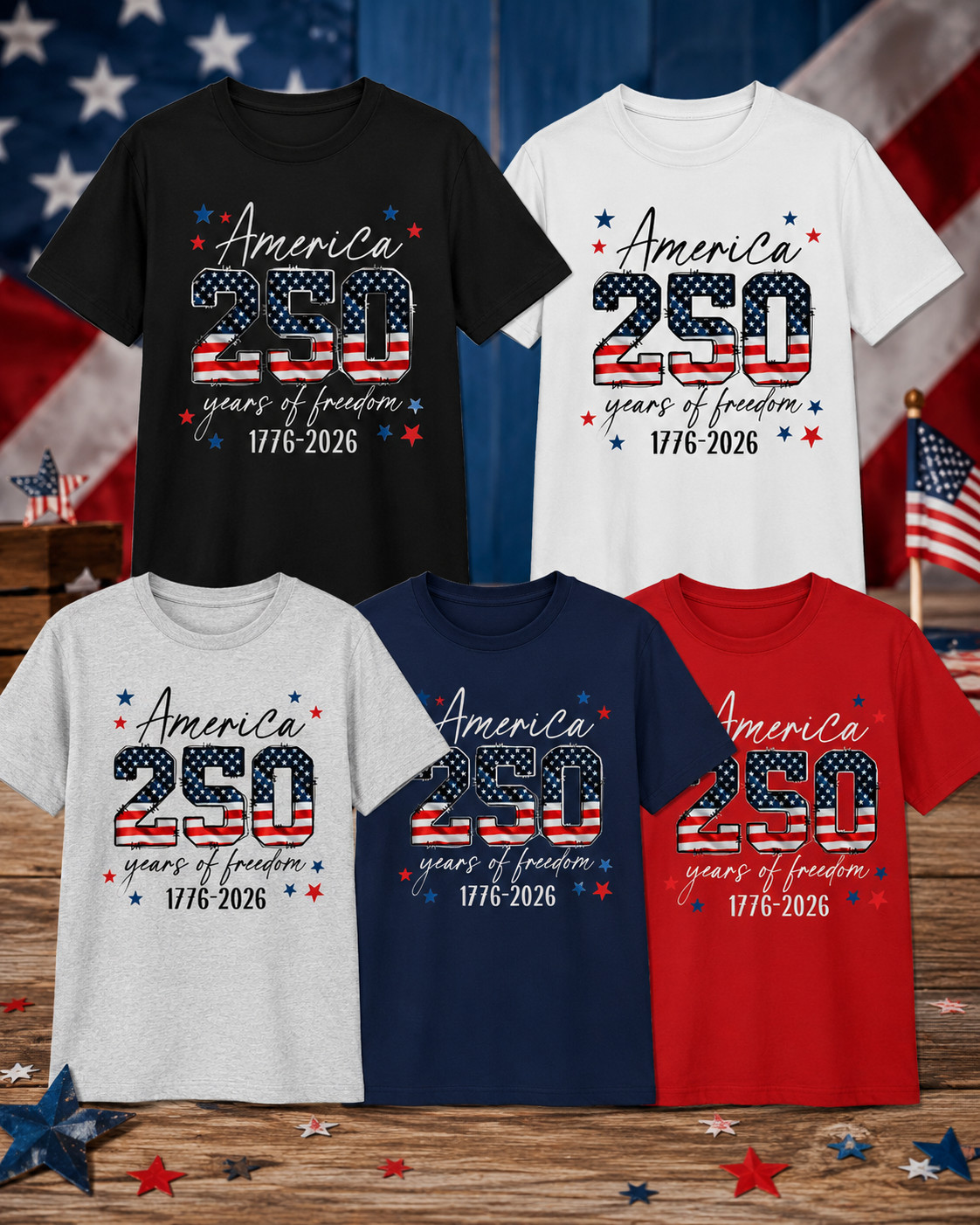 America 250 Years of Freedom 1776-2026 Patriotic Flag Graphic T-Shirt